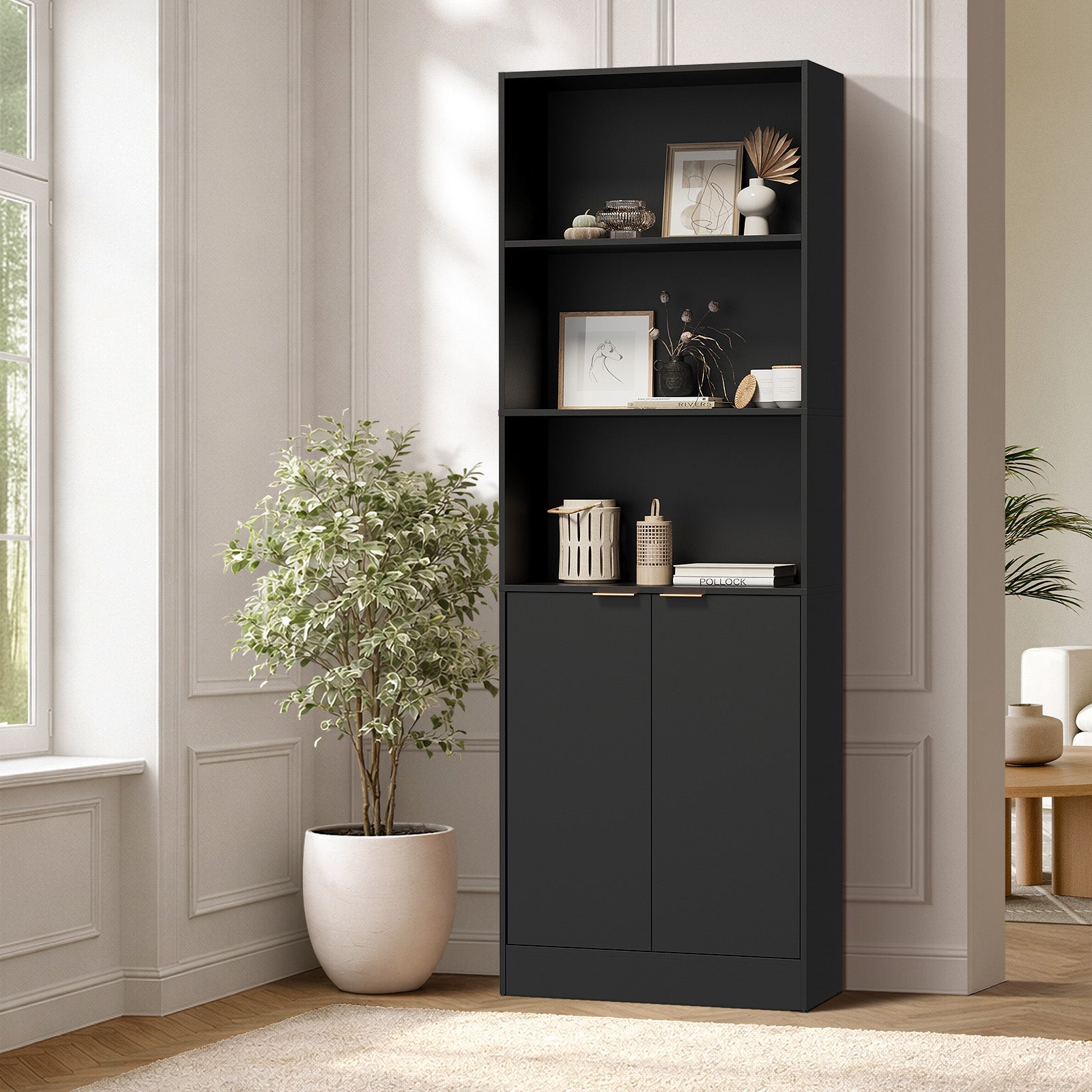 Oikiture Tall Bookcase Display Shelf 2 Door Adjustable Storage Cabinet Black