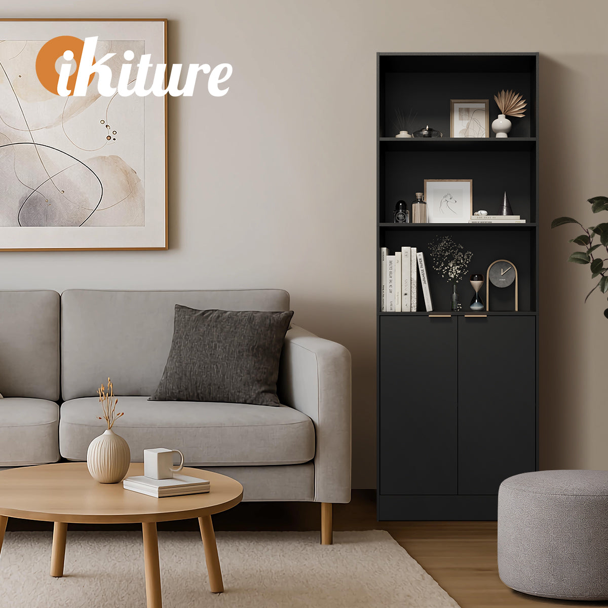 Oikiture Tall Bookcase Display Shelf 2 Door Adjustable Storage Cabinet Black