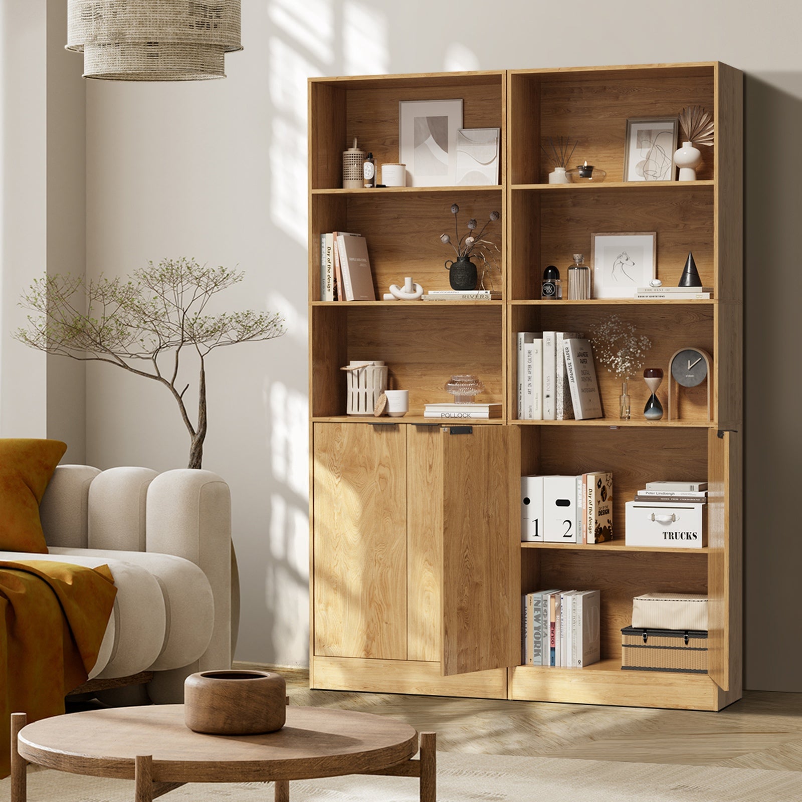 Oikiture Tall Bookcase Display Shelf 2 Door Adjustable Storage Cabinet Natural