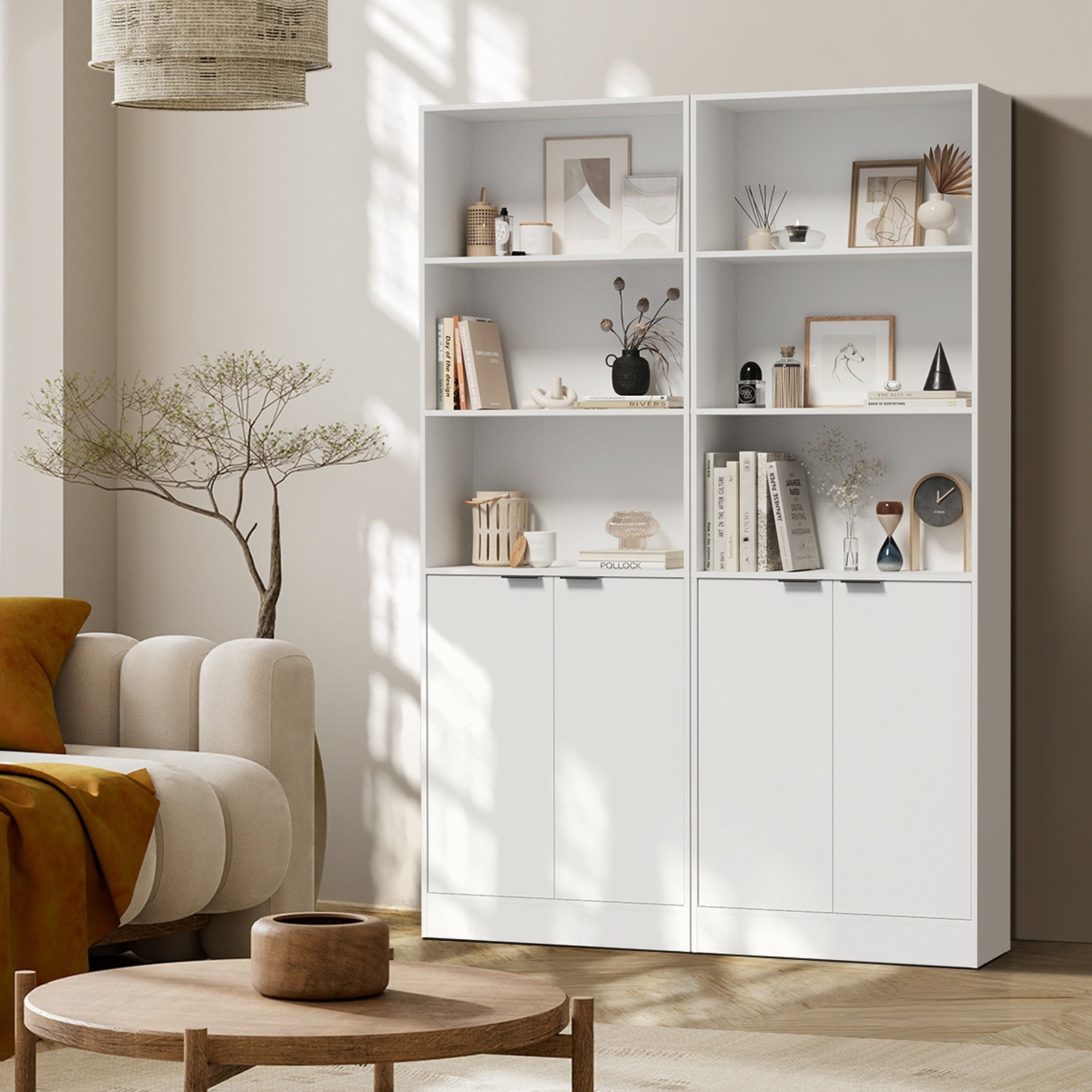 Oikiture Tall Bookcase Display Shelf 2 Door Adjustable Storage Cabinet White