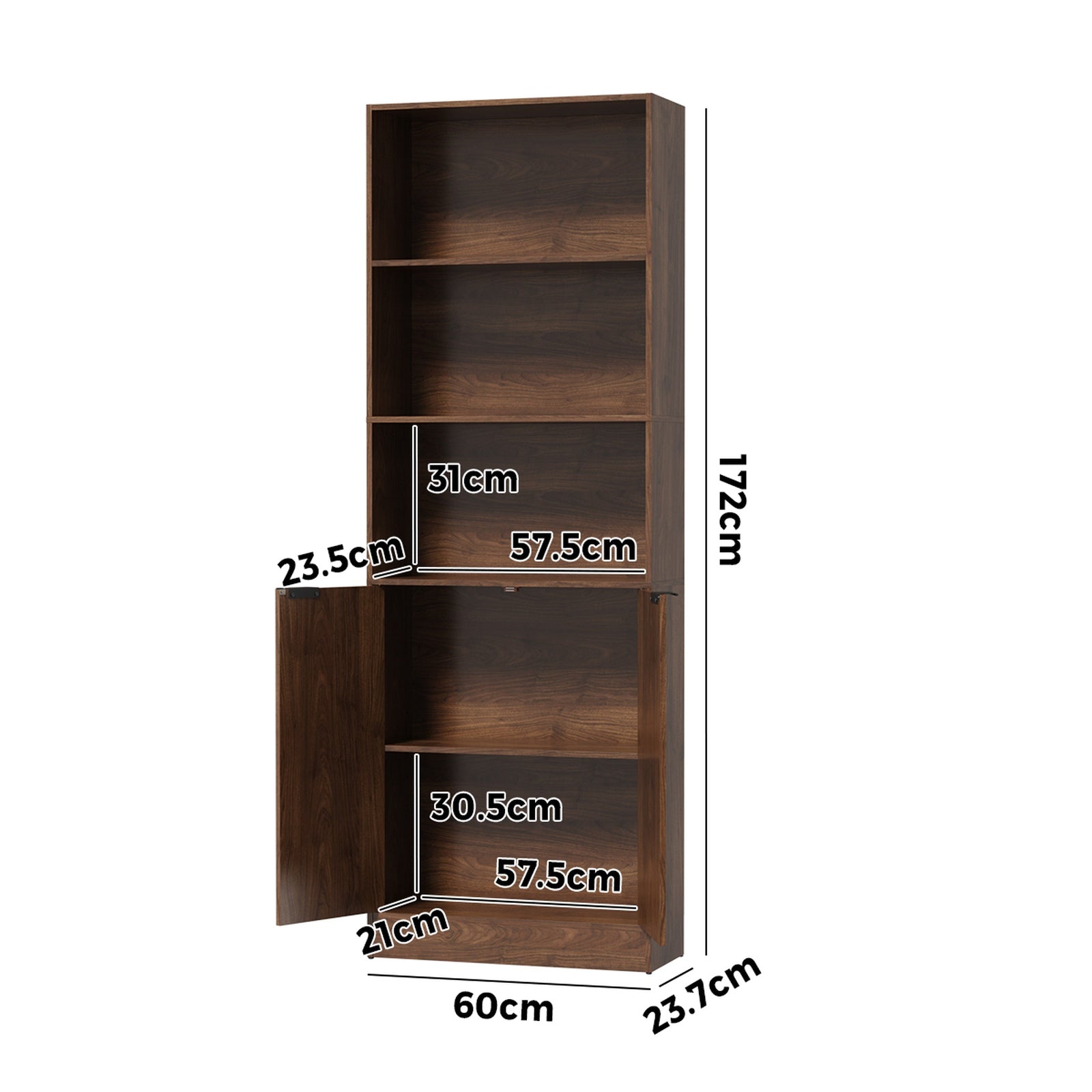 Oikiture Tall Bookcase Display Shelf 2 Door Adjustable Storage Cabinet Walnut