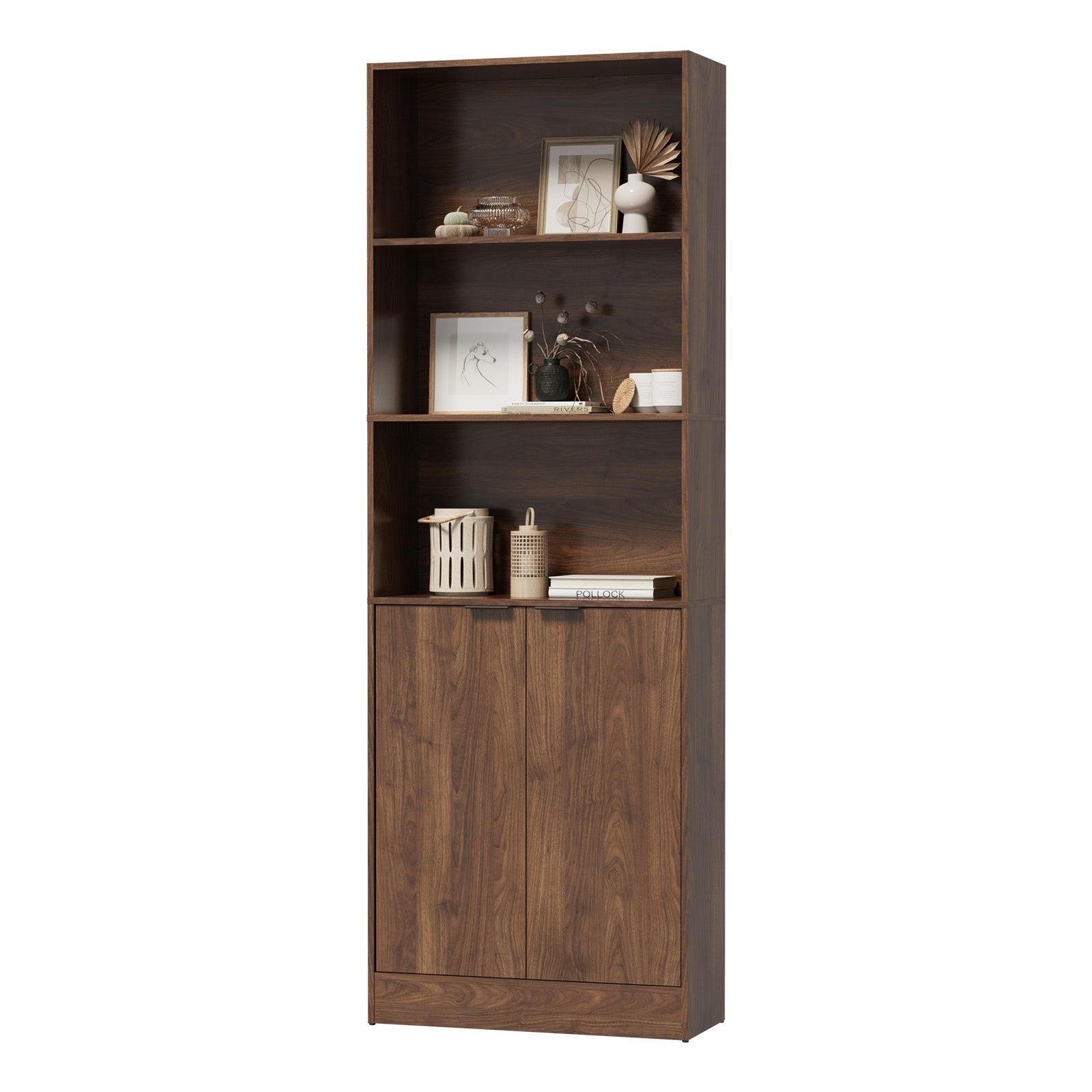Oikiture Tall Bookcase Display Shelf 2 Door Adjustable Storage Cabinet Walnut