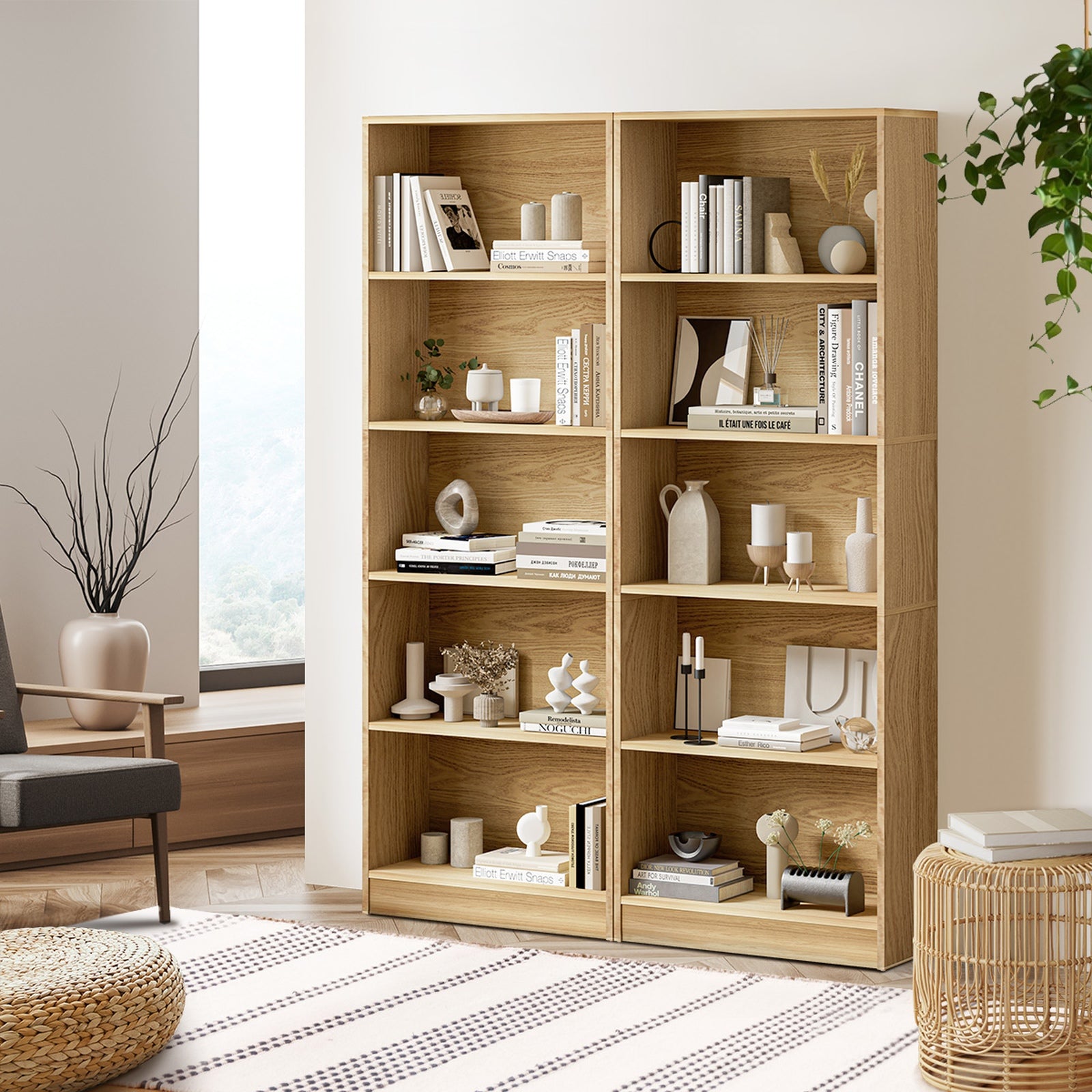 Oikiture Bookshelf Bookcase Display shelves 5-Tier Storage Stand Rack Natural - Sunyee
