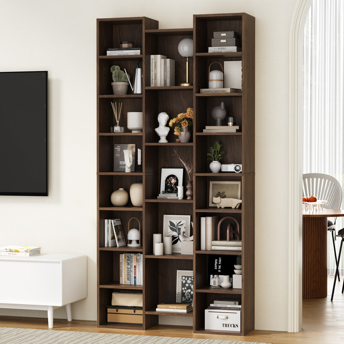Oikiture Bookshelf Display Shelf CD DVD Storage Media Rack Stand Bookcase Walnut