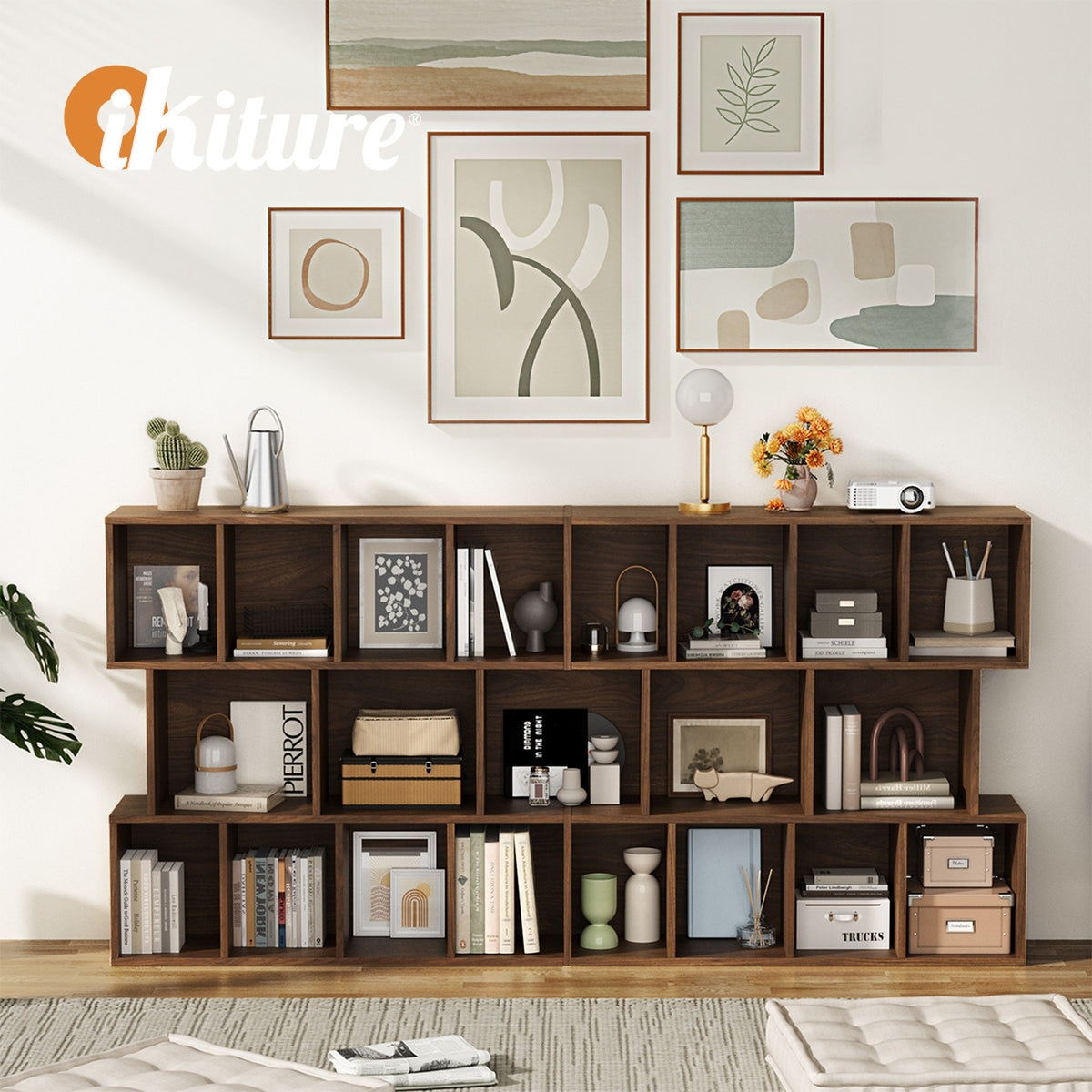 Oikiture Bookshelf Display Shelf CD DVD Storage Media Rack Stand Bookcase Walnut