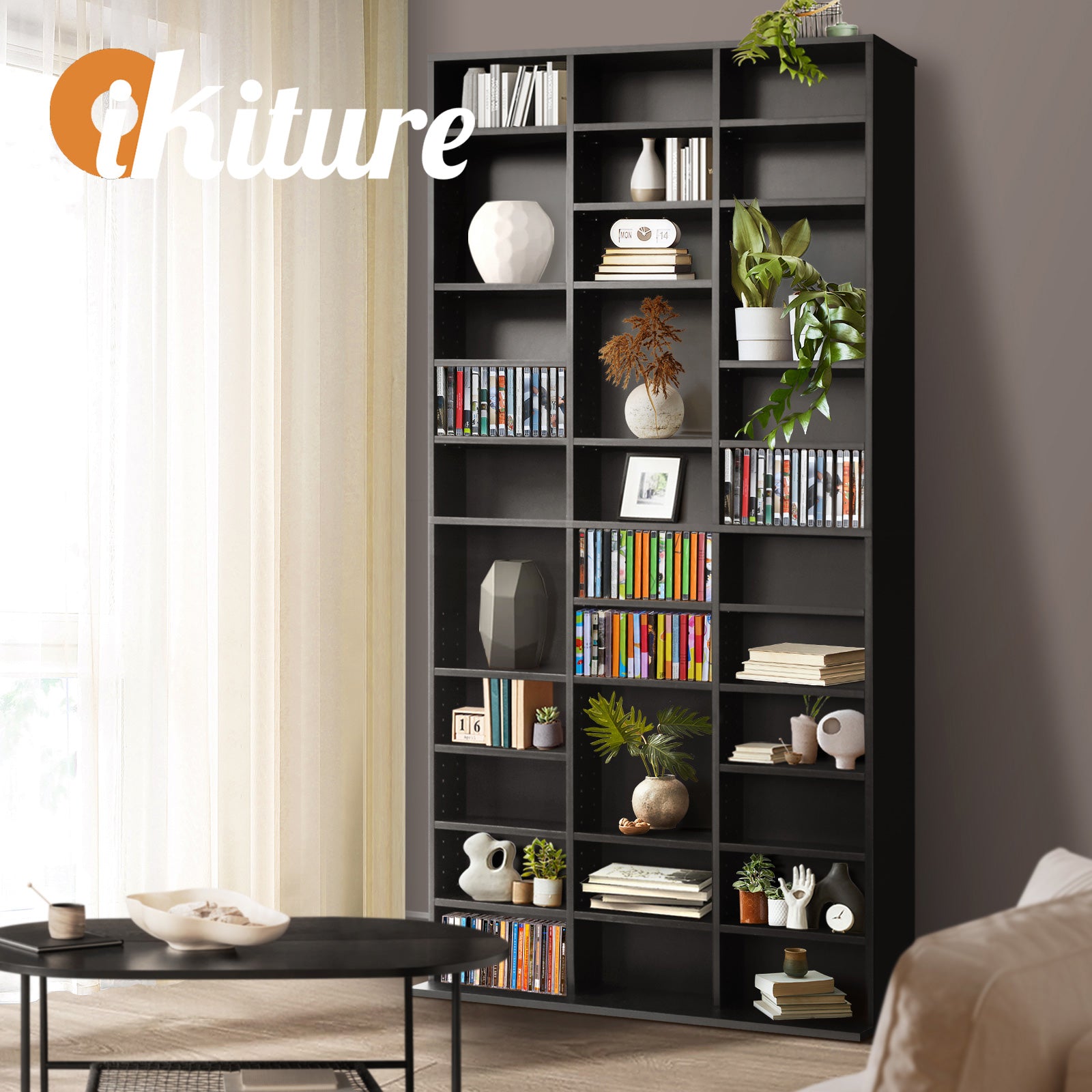 Oikiture Bookshelf Display Shelf Bookcase CD DVD Storage Media Rack Stand Black - Sunyee