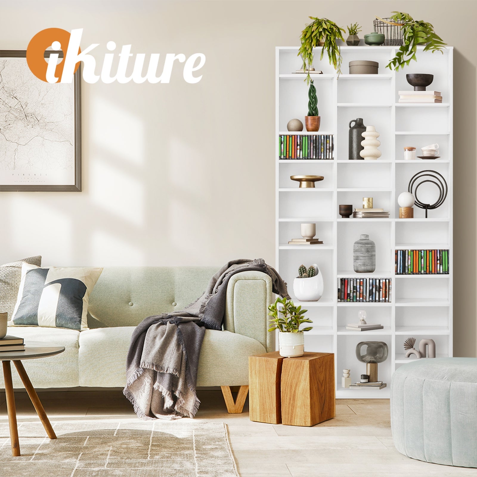 Oikiture Bookshelf Display Shelf Bookcase CD DVD Storage Media Stand Rack White - Sunyee