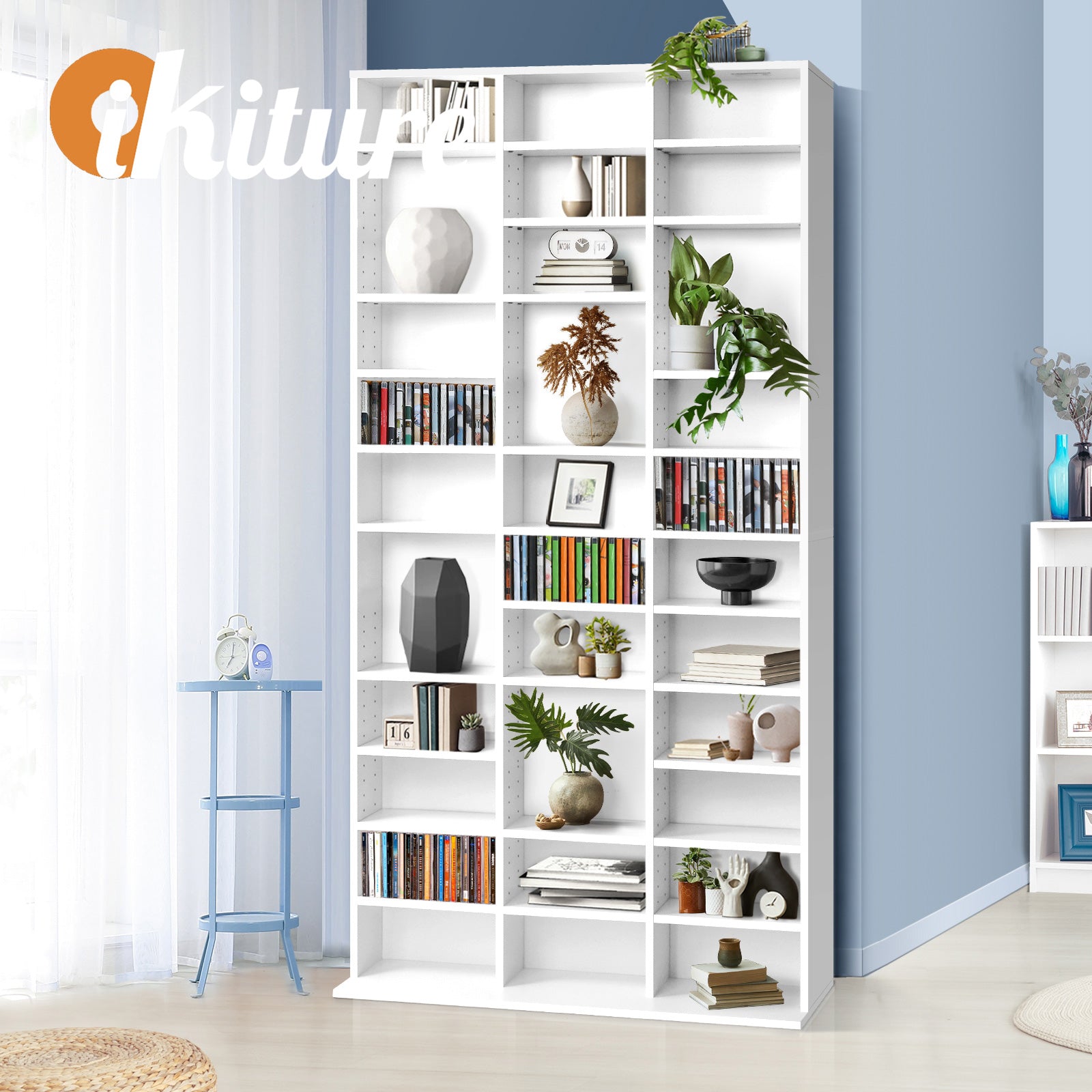 Oikiture Bookshelf Display Shelf Bookcase CD DVD Storage Media Stand Rack White - Sunyee