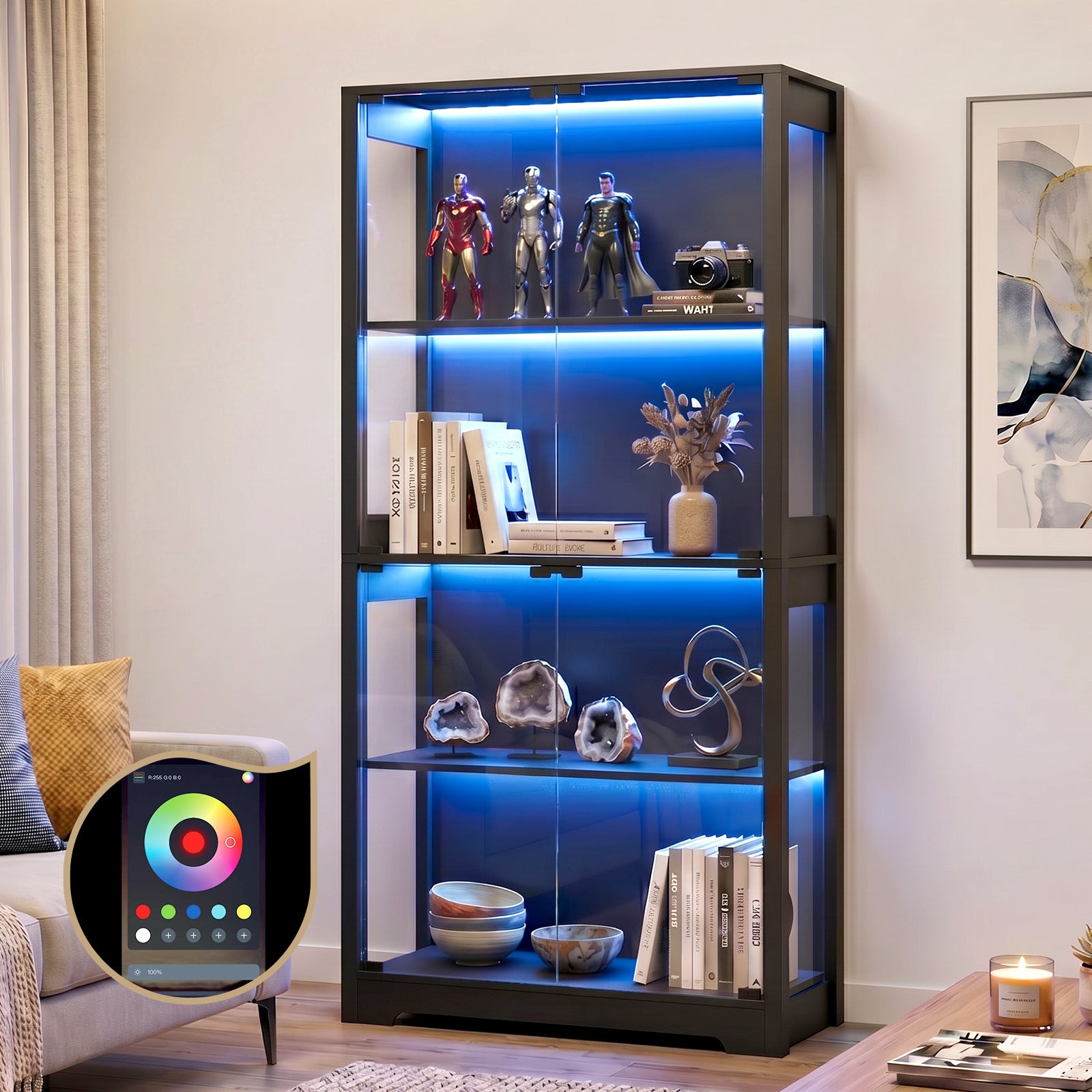 Oikiture 4 Tier Glass Display Cabinet LED Light Bookcase Stand Storage Black