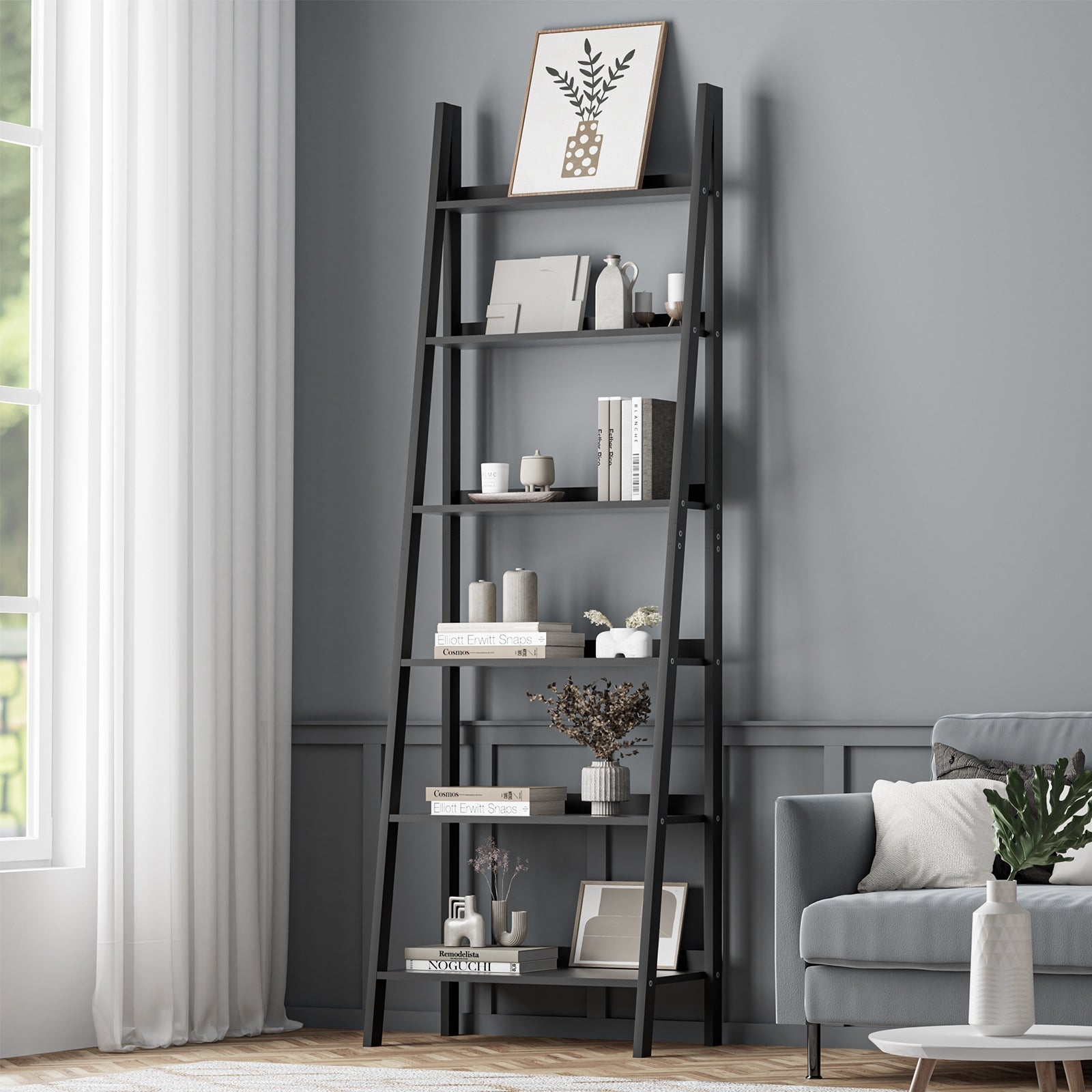 Oikiture Corner Ladder Shelf 6 Tier Bookcase Display Storage Plant Stand Rack - Sunyee