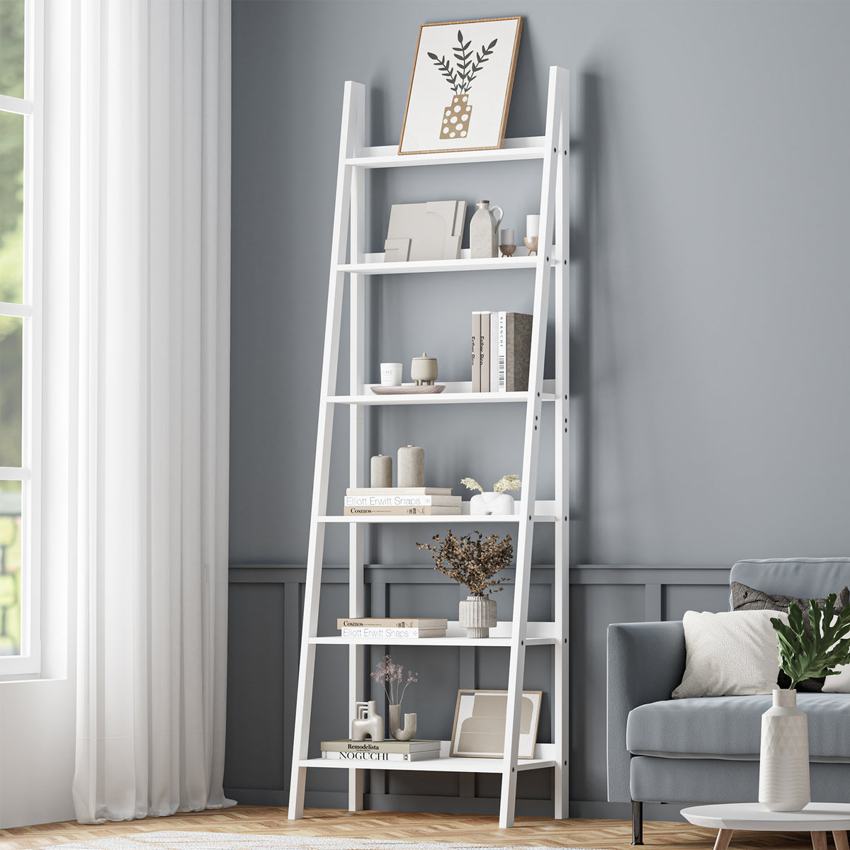 Oikiture Corner Ladder Shelf 6 Tier Bookcase Display Storage Plant Stand Rack - Sunyee