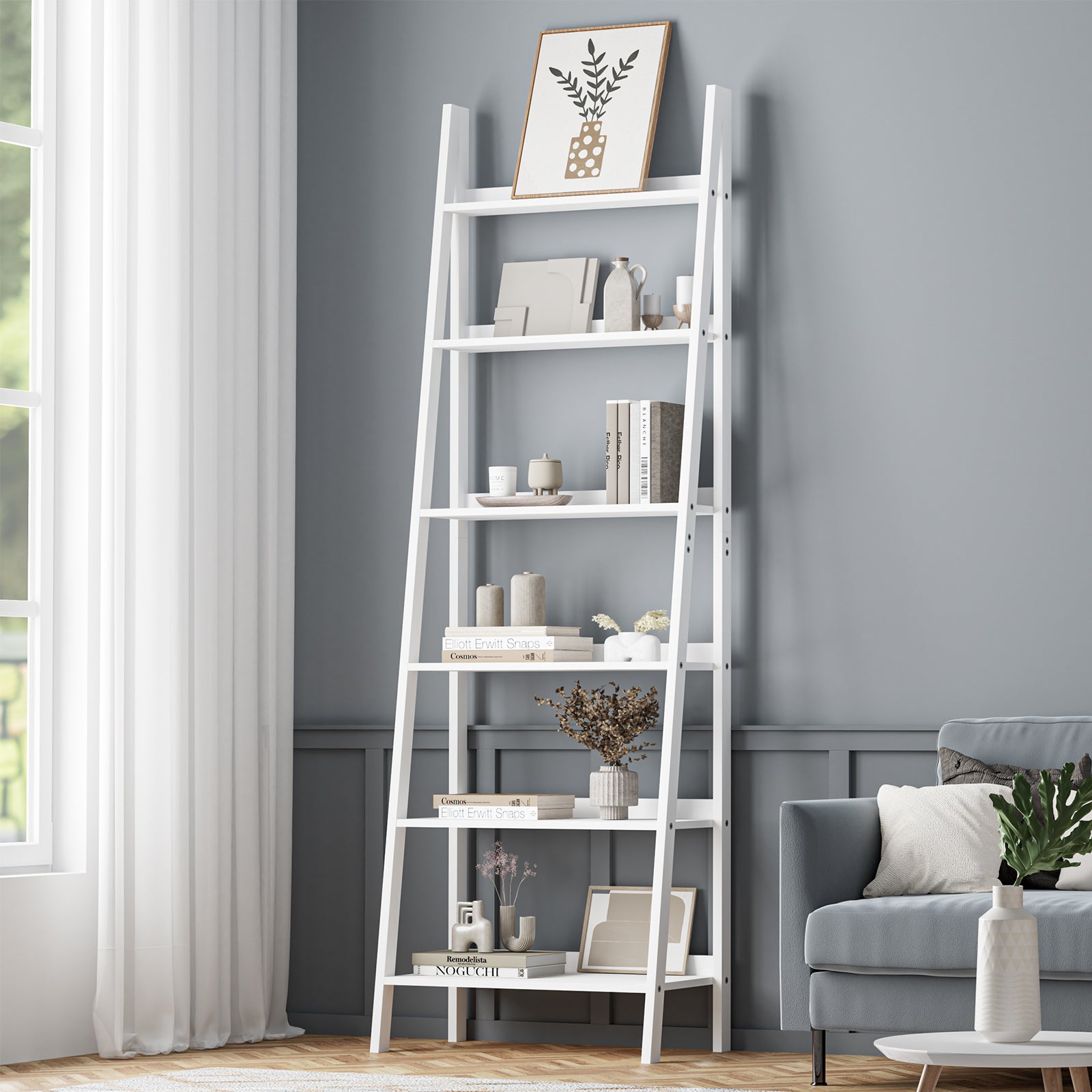 Oikiture Corner Ladder Shelf 6 Tier Bookcase Display Storage Plant Stand Rack - Sunyee