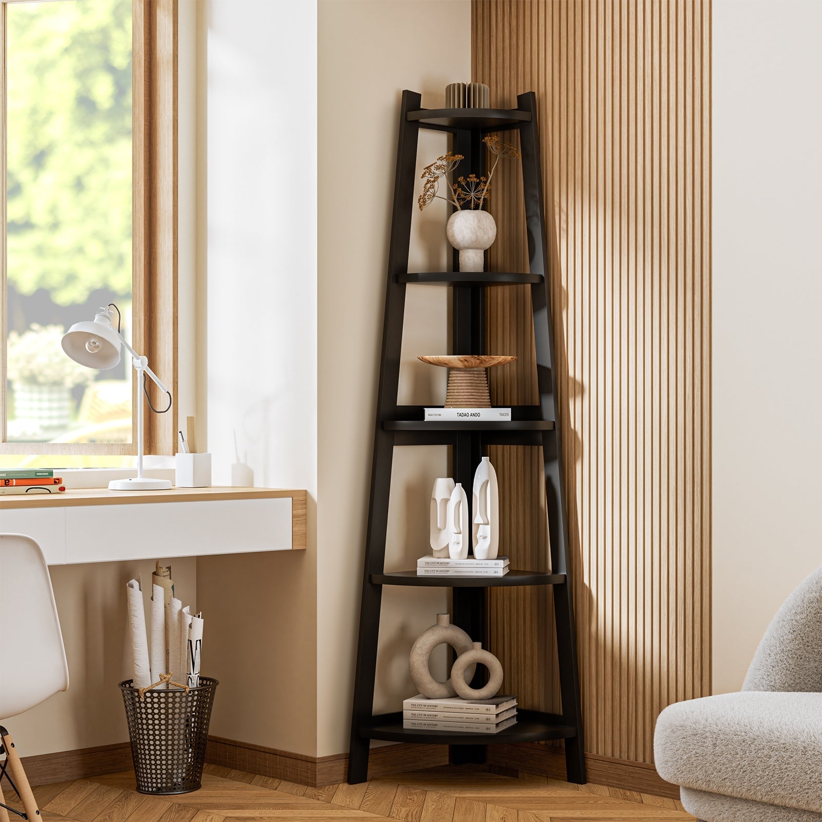 Oikiture Corner Ladder Shelf 5 Tier Bookshelf Display Rack Plant Stand - Sunyee