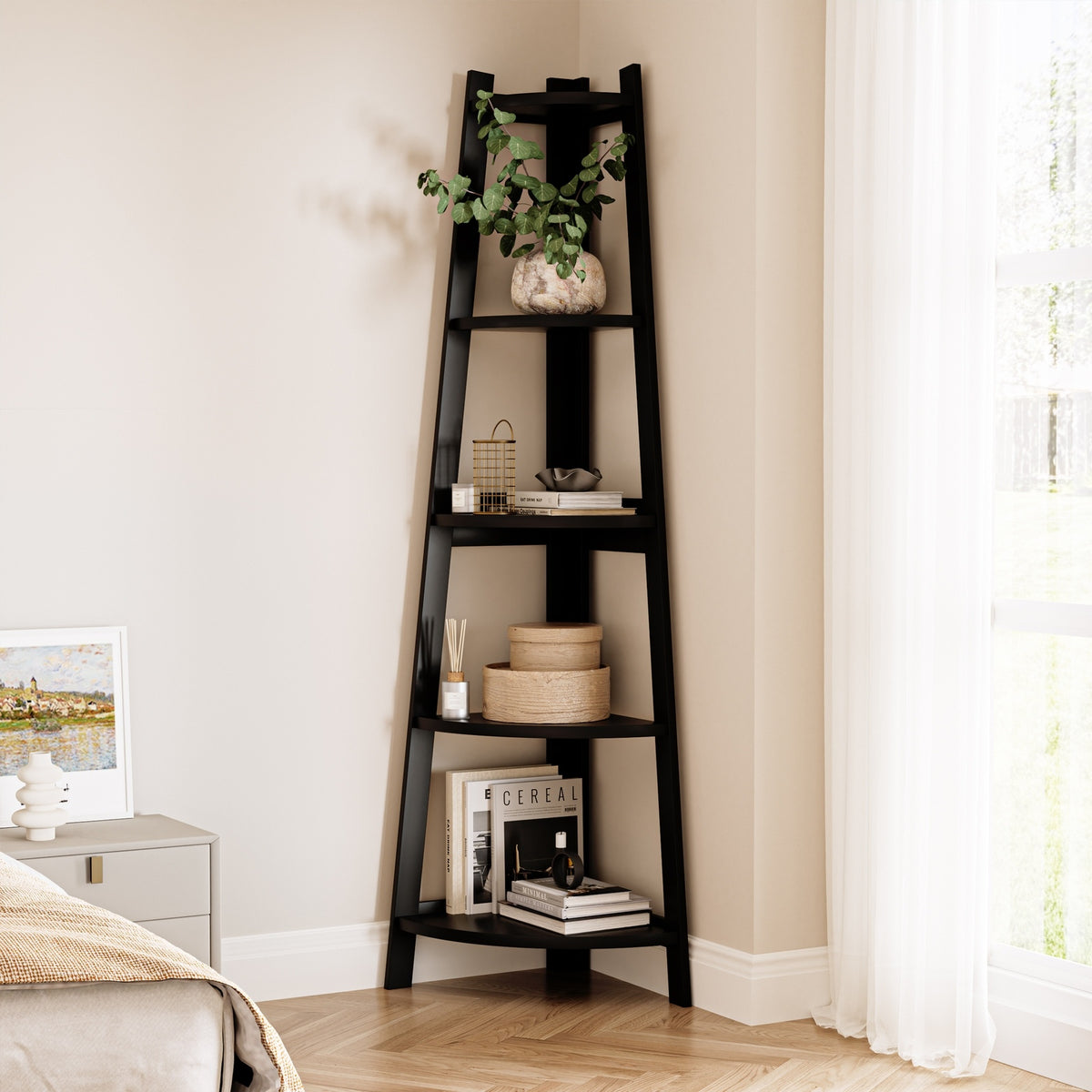 Oikiture Corner Ladder Shelf 5 Tier Home Storage Display Stand Bookshelf Black - Sunyee
