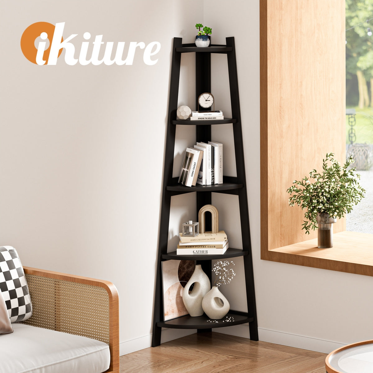 Oikiture Corner Ladder Shelf 5 Tier Home Storage Display Stand Bookshelf Black - Sunyee