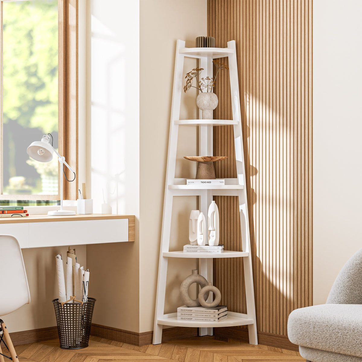 Oikiture Corner Ladder Shelf 5 Tier Home Storage Display Stand Bookshelf White - Sunyee