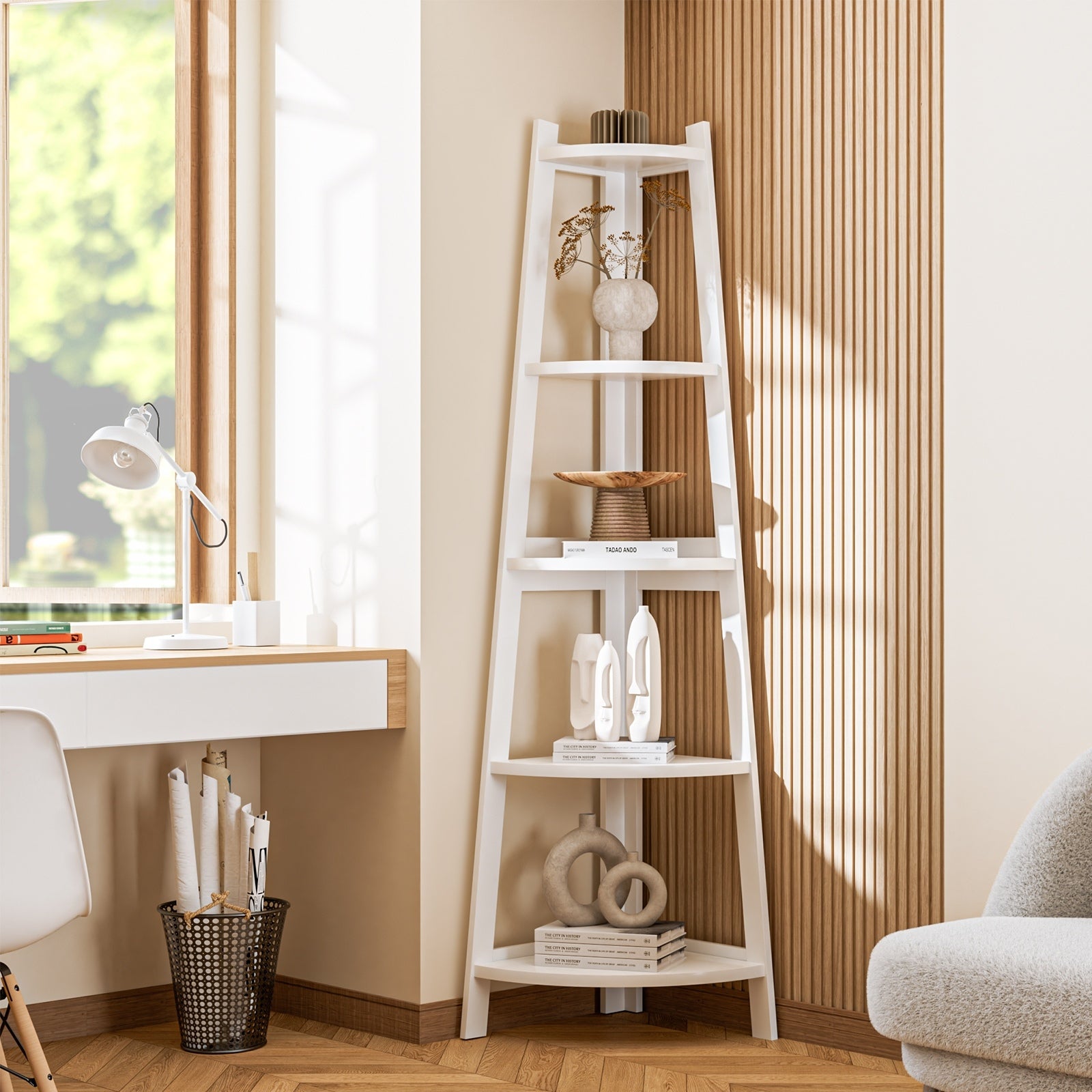 Oikiture Corner Ladder Shelf 5 Tier Bookshelf Display Rack Plant Stand - Sunyee