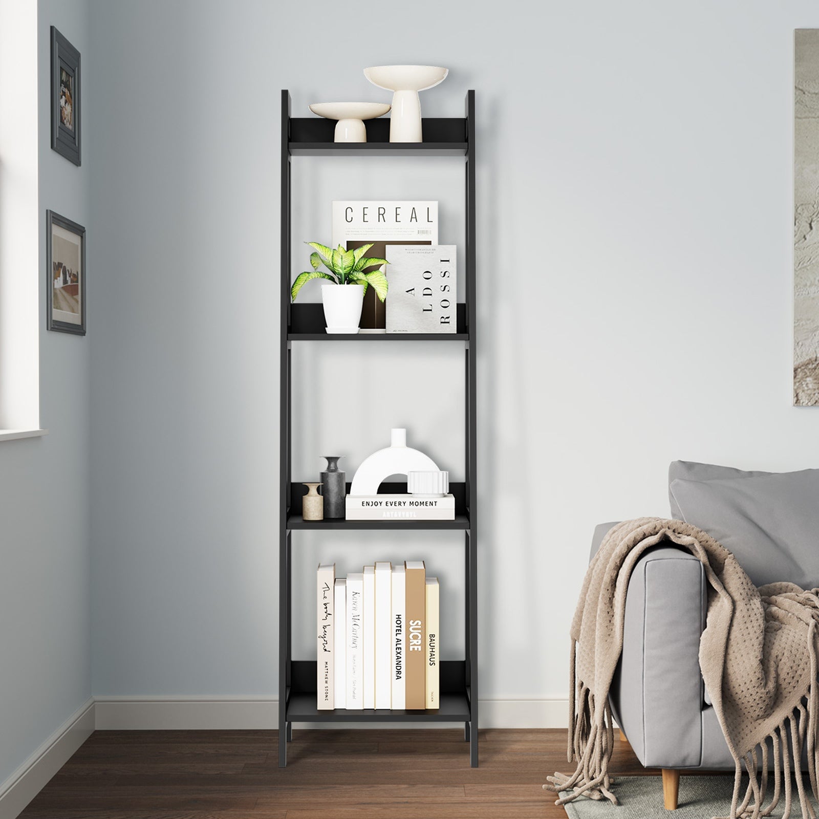Oikiture Bookshelf 4 Tier Corner Ladder Shelf Home Storage Display Rack Black - Sunyee