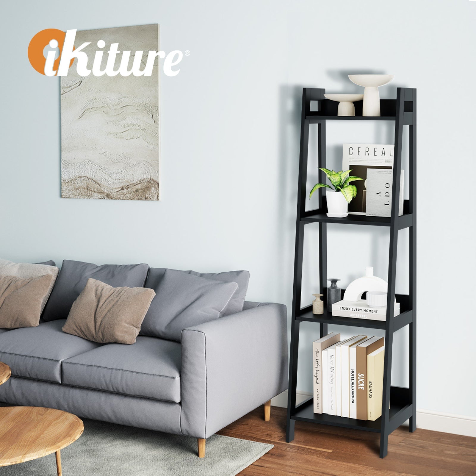 Oikiture Bookshelf 4 Tier Corner Ladder Shelf Home Storage Display Rack Black - Sunyee
