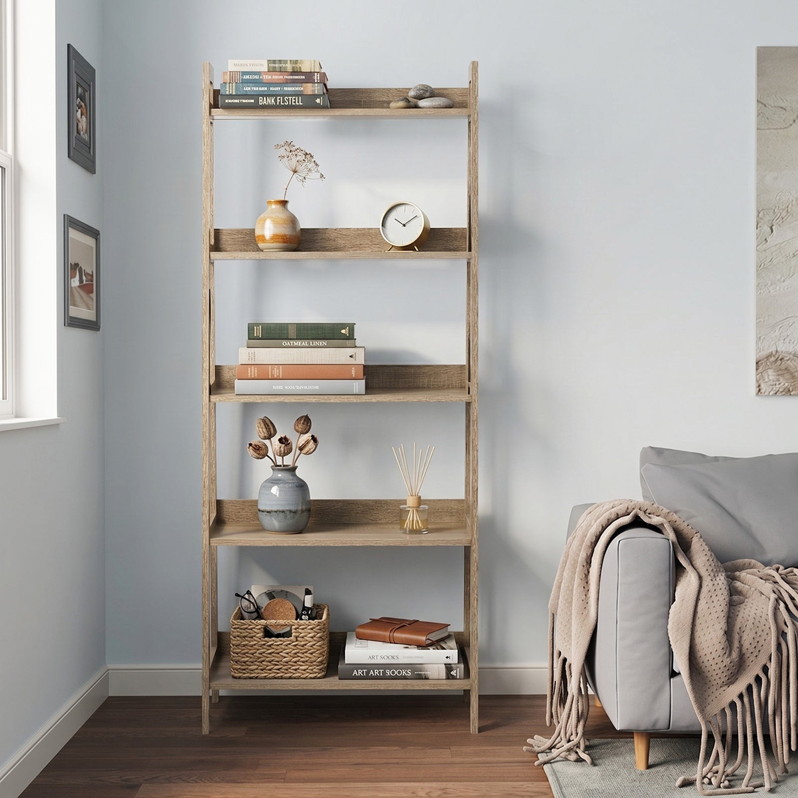 Oikiture Bookshelf 5 Tier Corner Ladder Shelf Home Storage Display Rack Natural