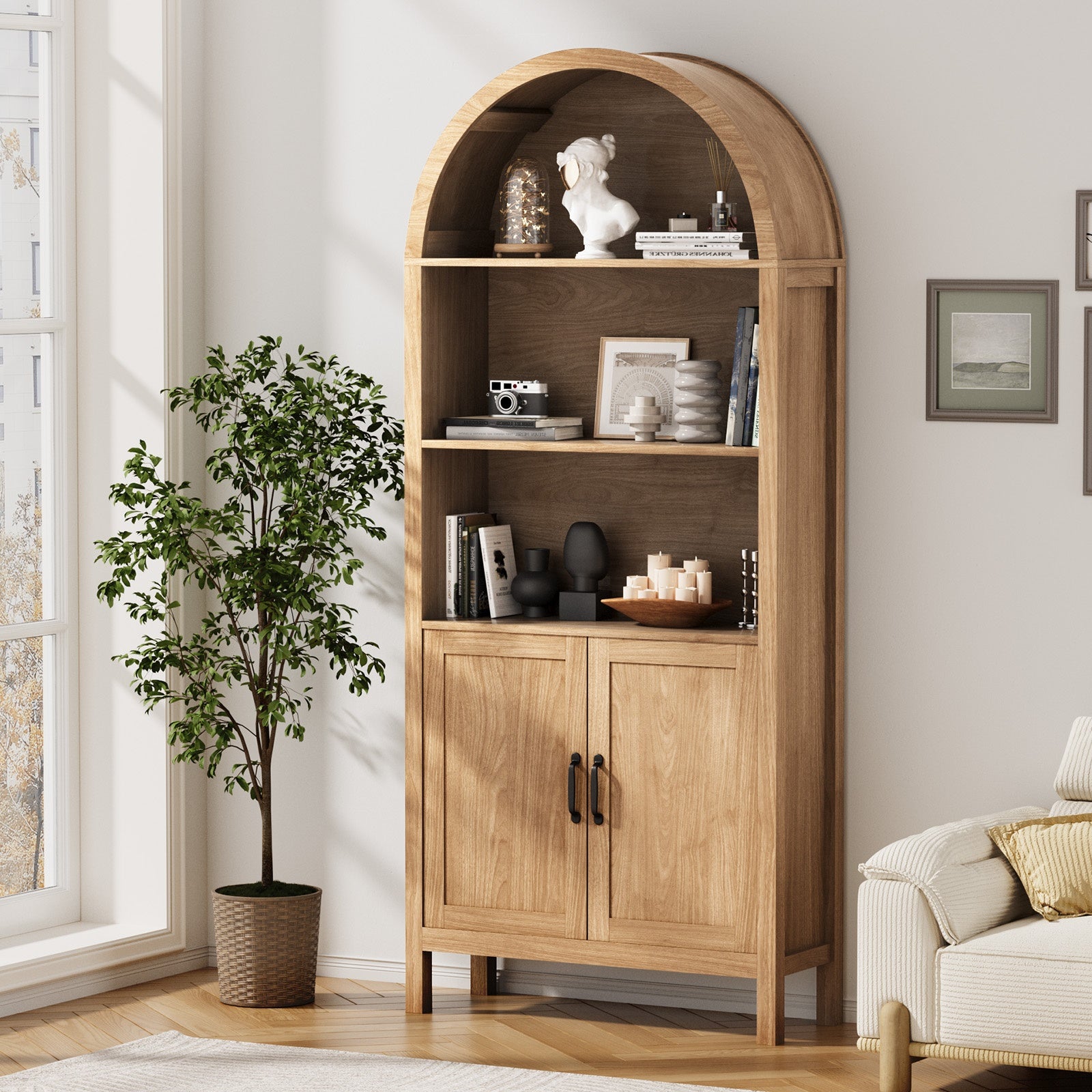 Oikiture Arched Bookshelf Display Shelf Bookcase Bookshelves Storage Cabinet - Sunyee