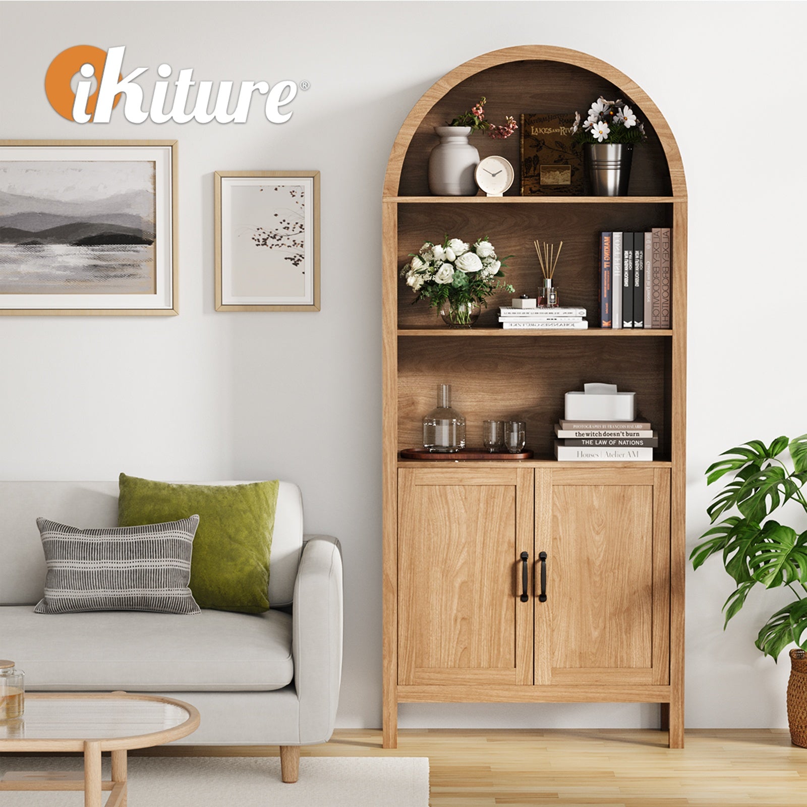 Oikiture Arched Bookshelf Display Shelf Bookcase Bookshelves Storage Cabinet - Sunyee