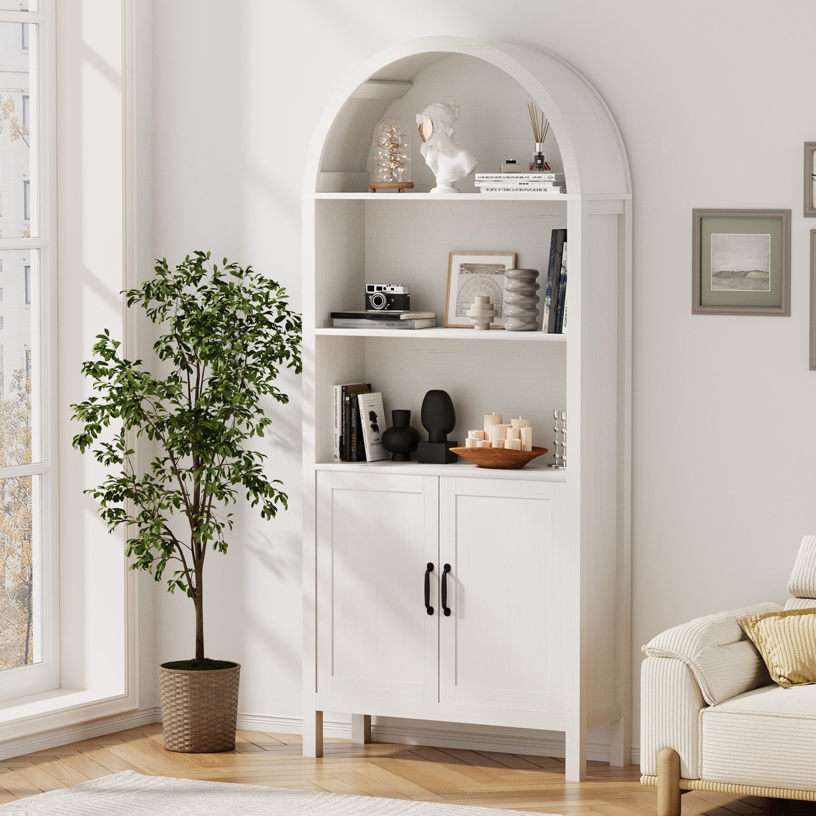 Oikiture Arched Bookshelf Display Shelf Bookcase Bookshelves Storage White - Sunyee