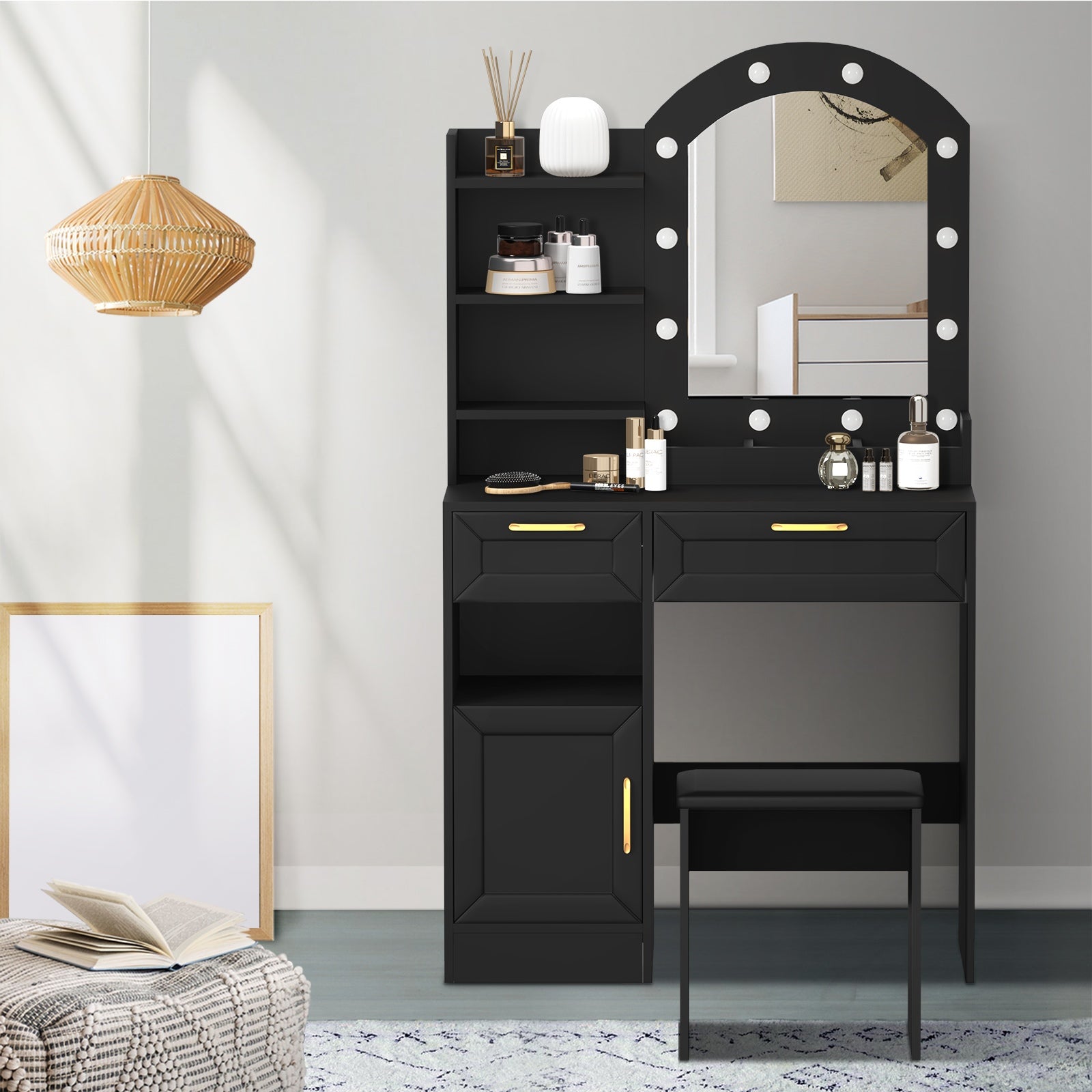 Oikiture Dressing Table Stool Set Vanity Desk Makeup Mirror 12 LED Bulbs Black - Sunyee