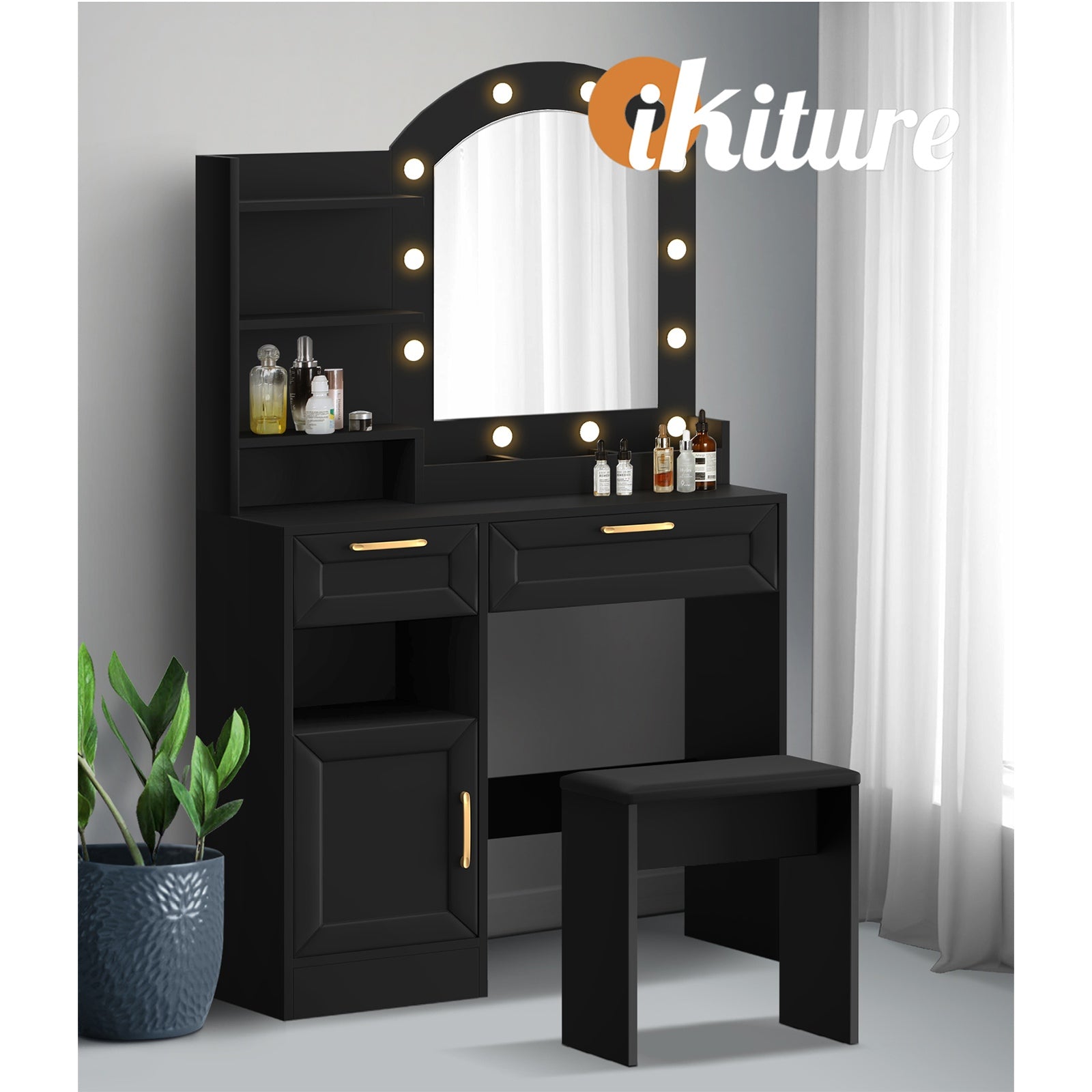 Oikiture Dressing Table Stool Set Vanity Desk Makeup Mirror 12 LED Bulbs Black - Sunyee