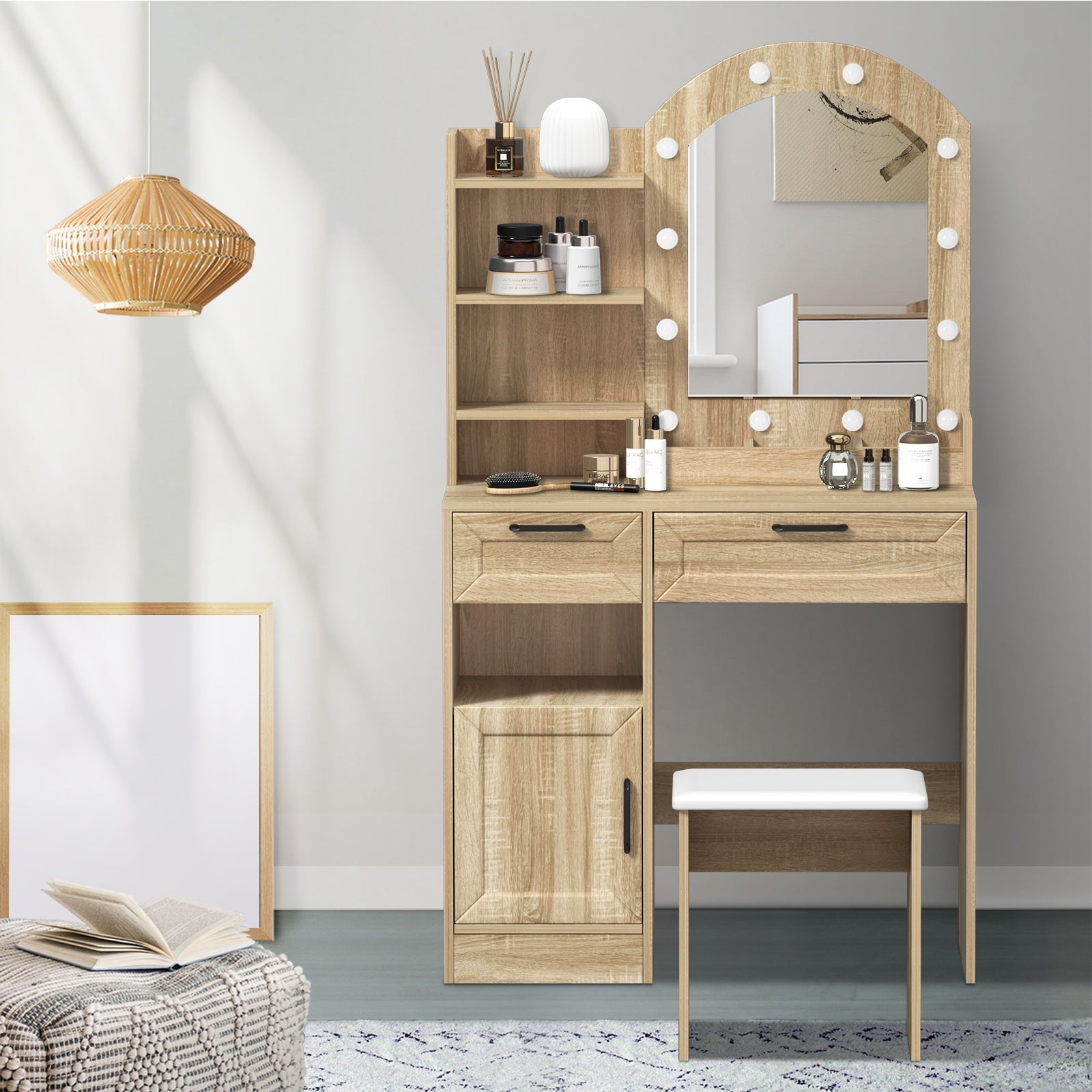 Oikiture Dressing Table Stool Set Vanity Desk Makeup Mirror 12 LED Bulbs Natural - Sunyee