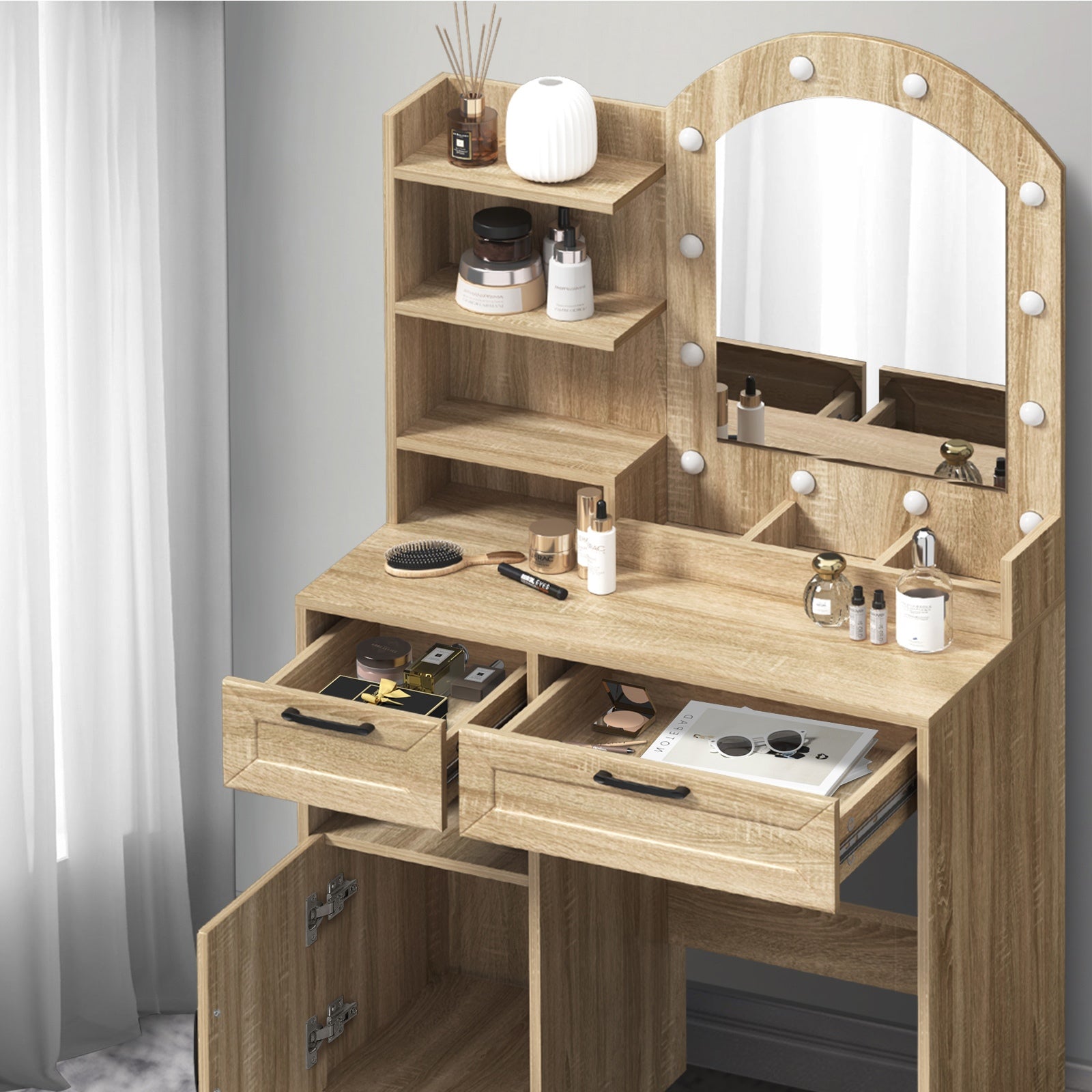 Oikiture Dressing Table Stool Set Vanity Desk Makeup Mirror 12 LED Bulbs Natural - Sunyee