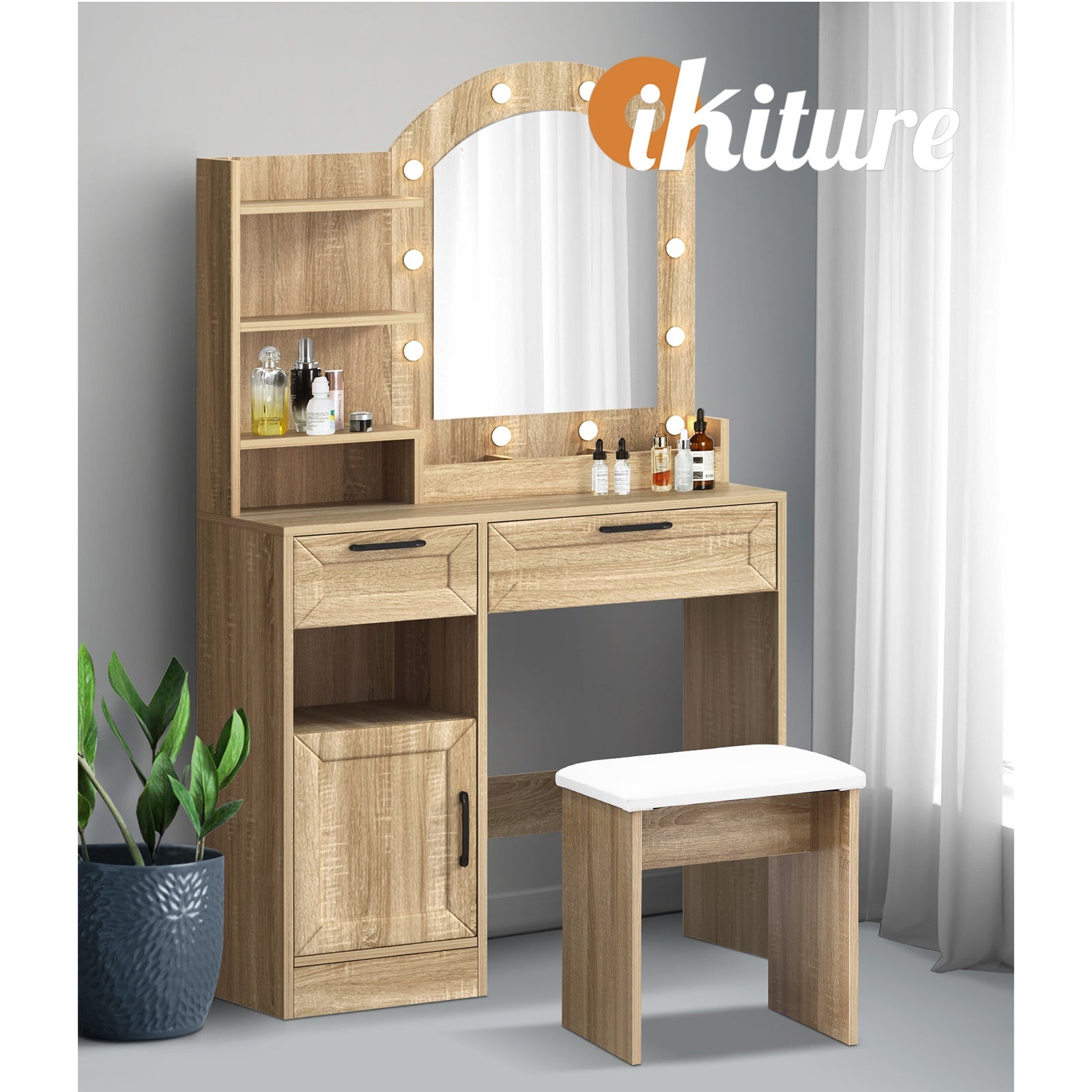 Oikiture Dressing Table Stool Set Vanity Desk Makeup Mirror 12 LED Bulbs Natural - Sunyee