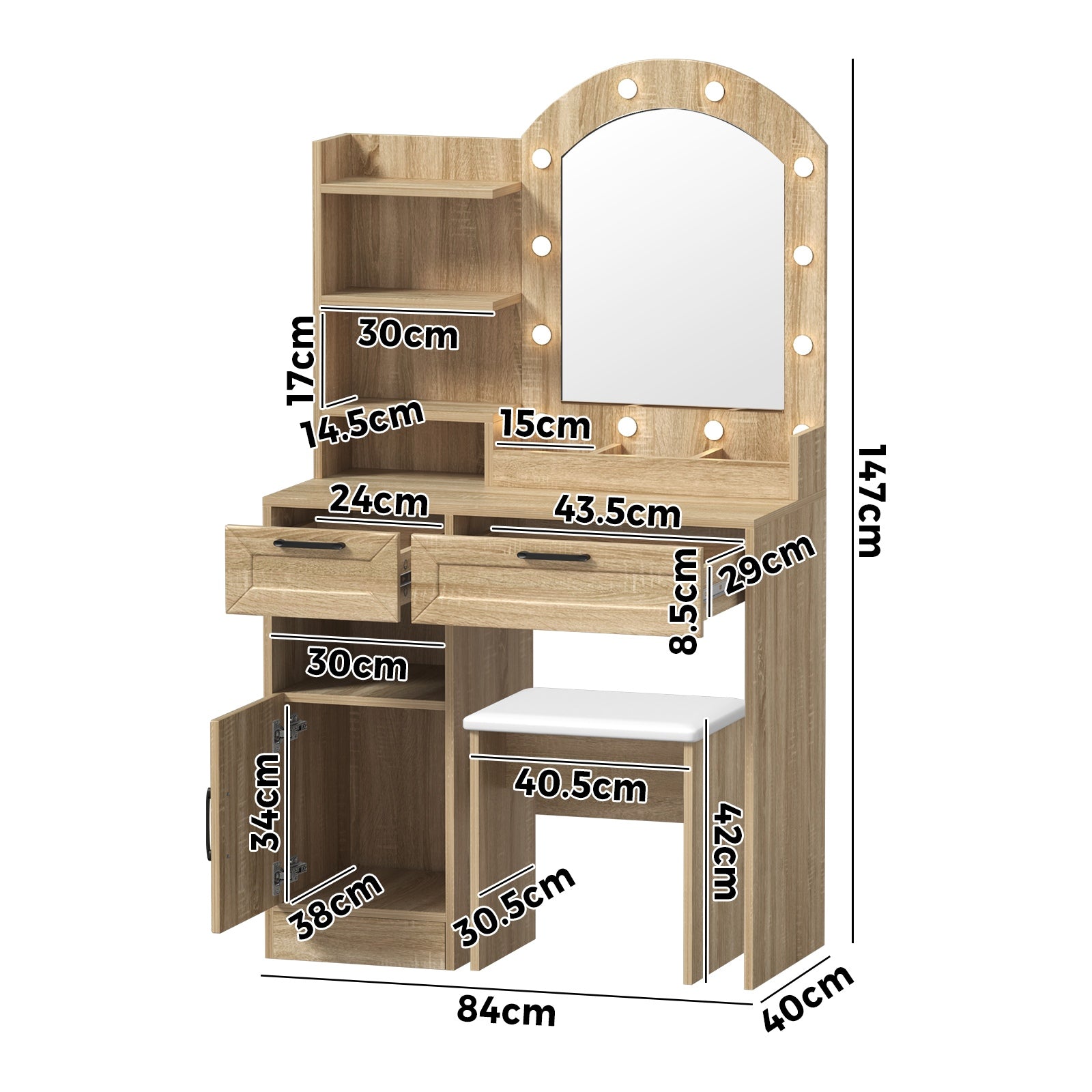 Oikiture Dressing Table Stool Set Vanity Desk Makeup Mirror 12 LED Bulbs Natural - Sunyee