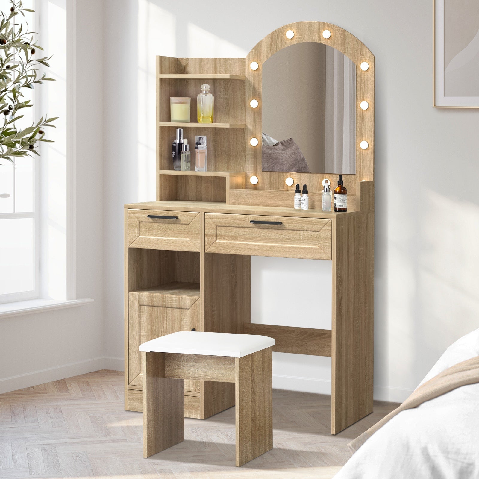 Oikiture Dressing Table Stool Set Makeup Desk Mirror Storage Dresser LED Bulbs