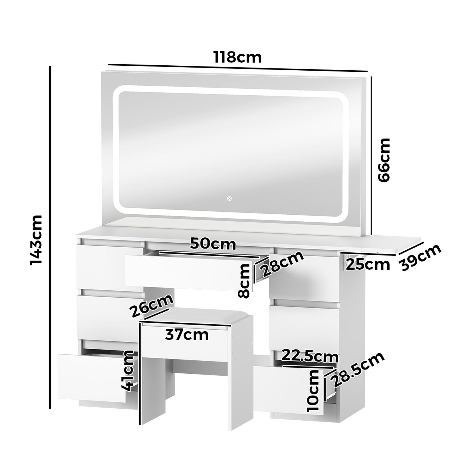Oikiture Dressing Table Stool Set with LED Makeup Mirror Vanity Desk 7 Drawers - Sunyee