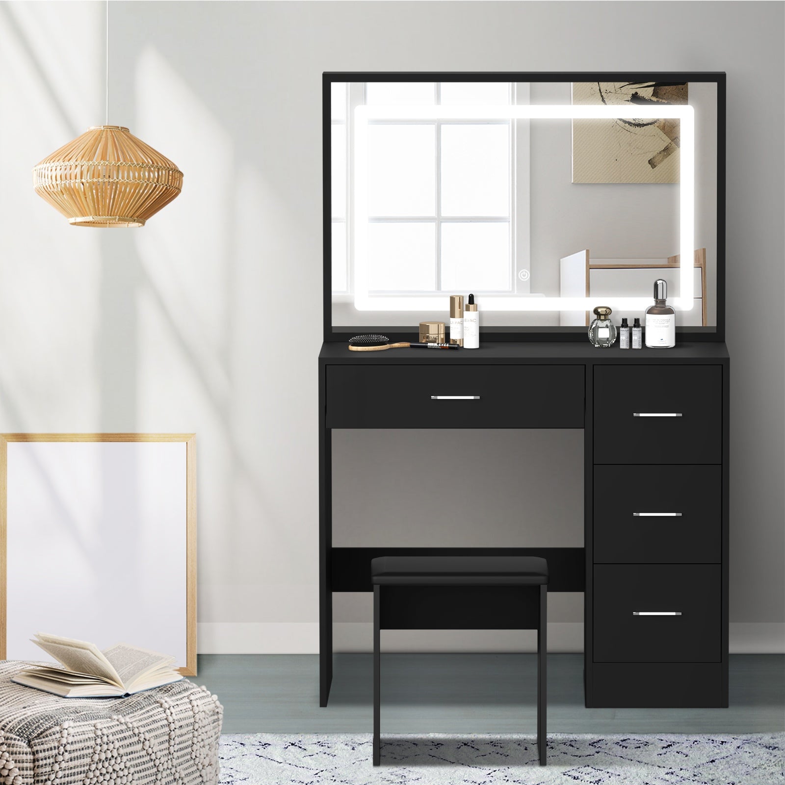 Oikiture Dressing Table Stool Set Large Makeup Mirror LED Light Vanity Black - Sunyee