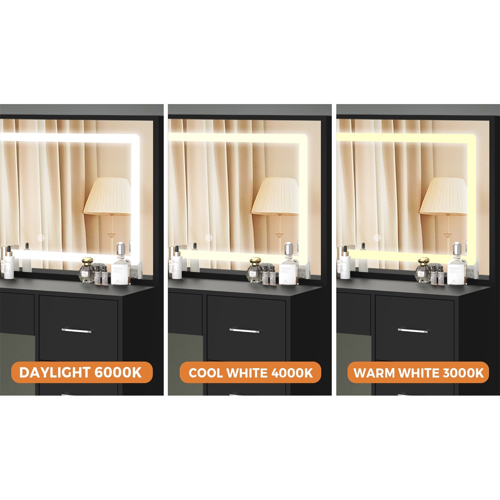 Oikiture Dressing Table Stool Set Large Makeup Mirror LED Light Vanity Black - Sunyee