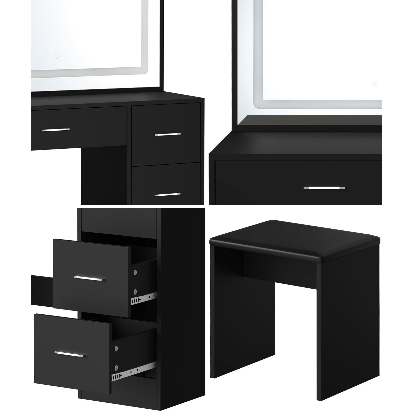 Oikiture Dressing Table Stool Set Large Makeup Mirror LED Light Vanity Black - Sunyee