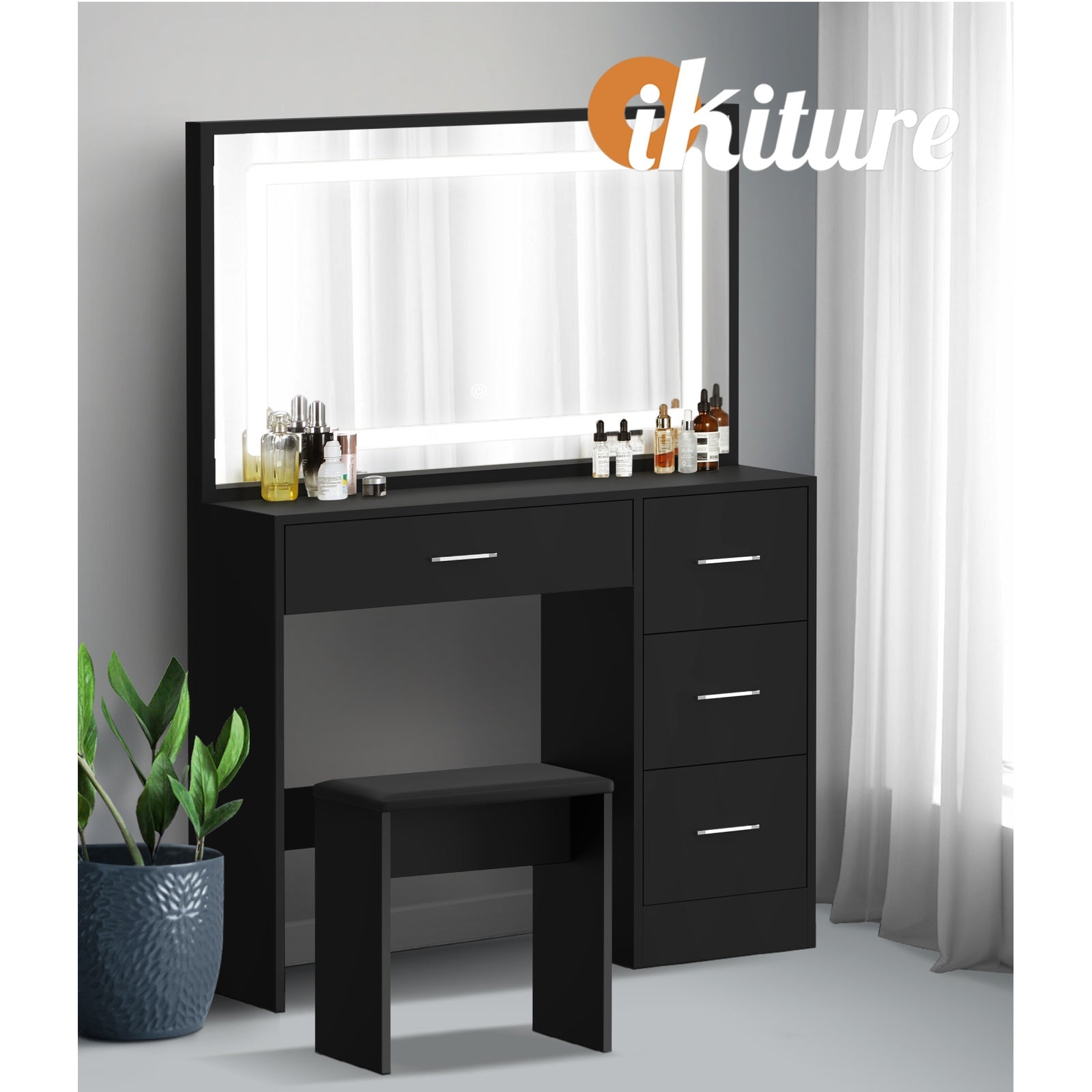Oikiture Dressing Table Stool Set Large Makeup Mirror LED Light Vanity Black - Sunyee
