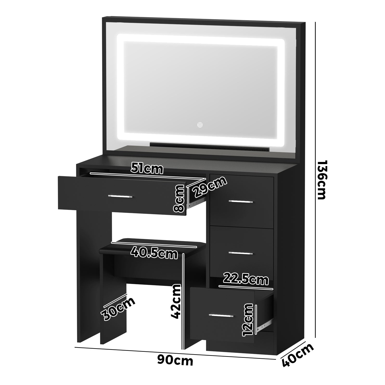 Oikiture Dressing Table Stool Set Large Makeup Mirror LED Light Vanity Black - Sunyee