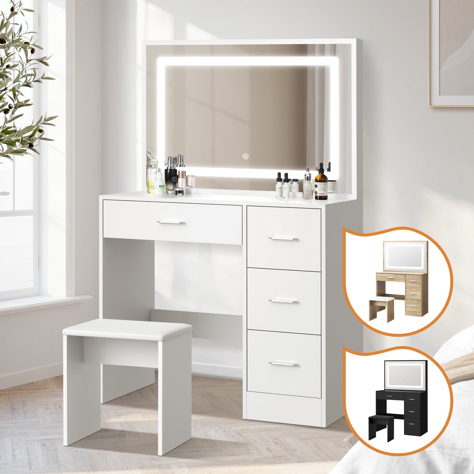 Oikiture Dressing Table Stool Set Large Makeup Mirror LED Light Vanity - Sunyee