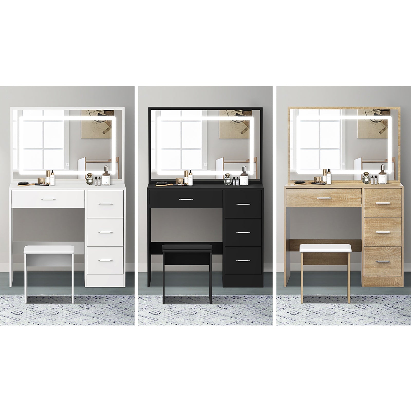 Oikiture Dressing Table Stool Set Large Makeup Mirror LED Light Vanity - Sunyee