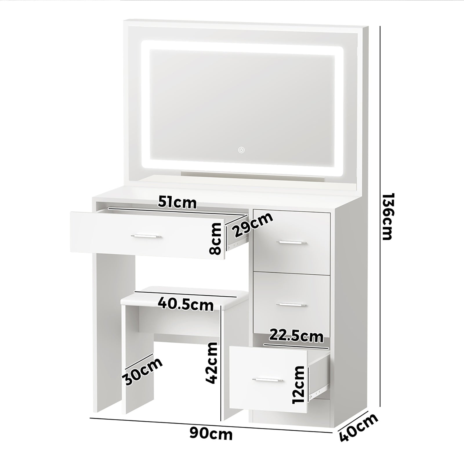 Oikiture Dressing Table Stool Set Large Makeup Mirror LED Light Vanity - Sunyee