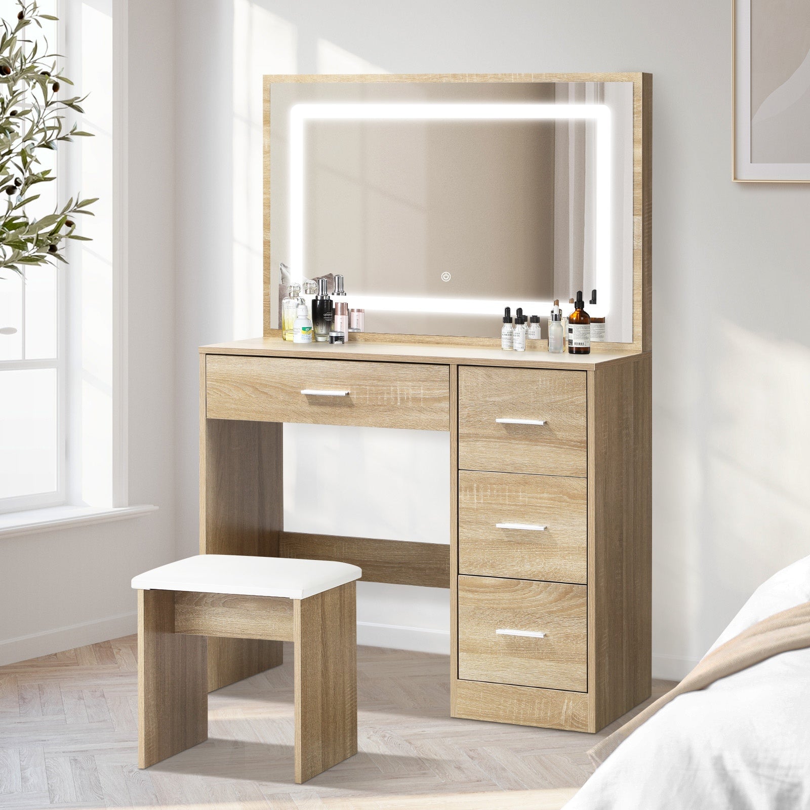 Oikiture Dressing Table Stool Set Large Makeup Mirror LED Light Vanity Natural - Sunyee