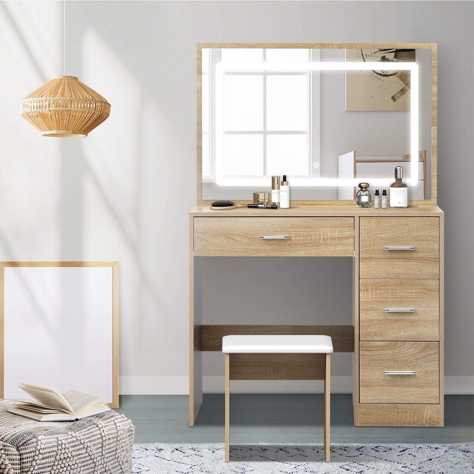 Oikiture Dressing Table Stool Set Large Makeup Mirror LED Light Vanity Natural - Sunyee