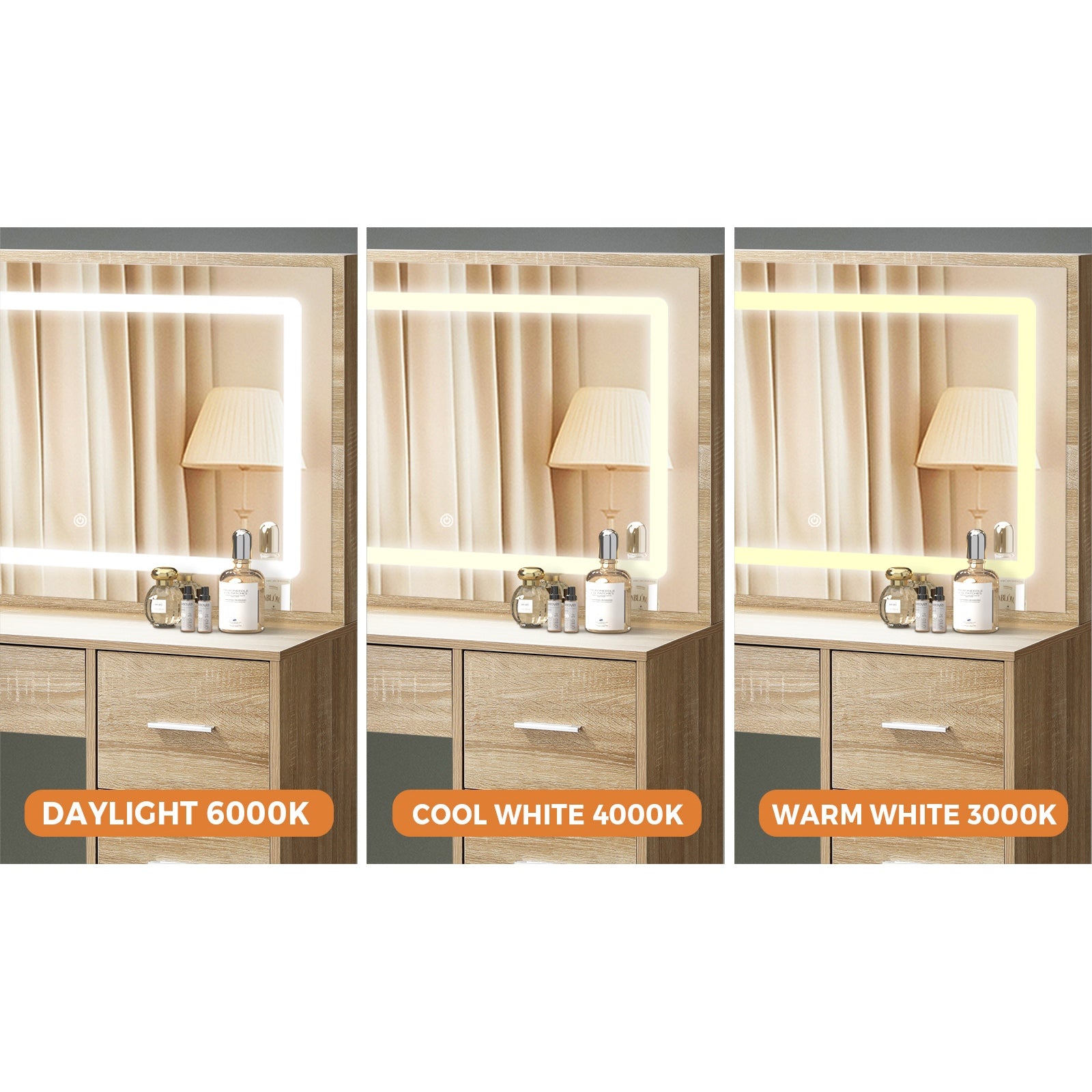 Oikiture Dressing Table Stool Set Large Makeup Mirror LED Light Vanity Natural - Sunyee