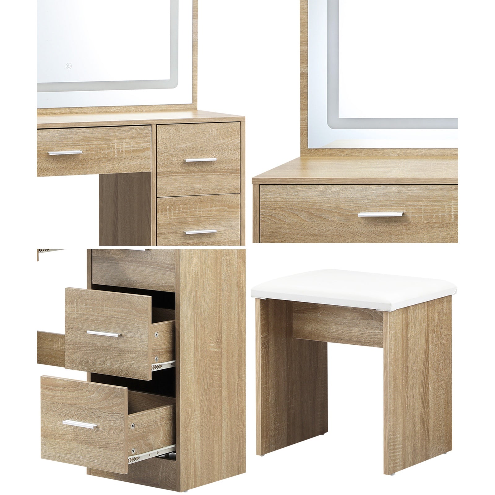 Oikiture Dressing Table Stool Set Large Makeup Mirror LED Light Vanity Natural - Sunyee