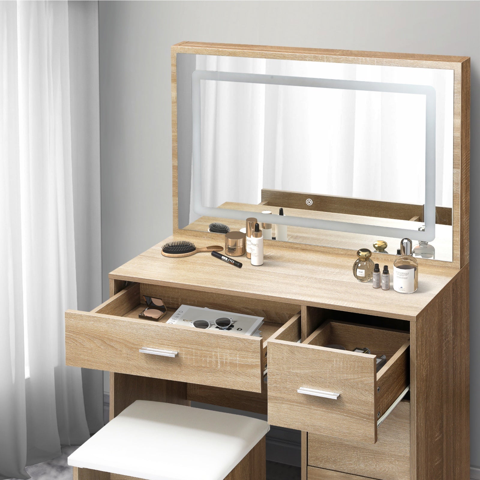 Oikiture Dressing Table Stool Set Large Makeup Mirror LED Light Vanity Natural - Sunyee