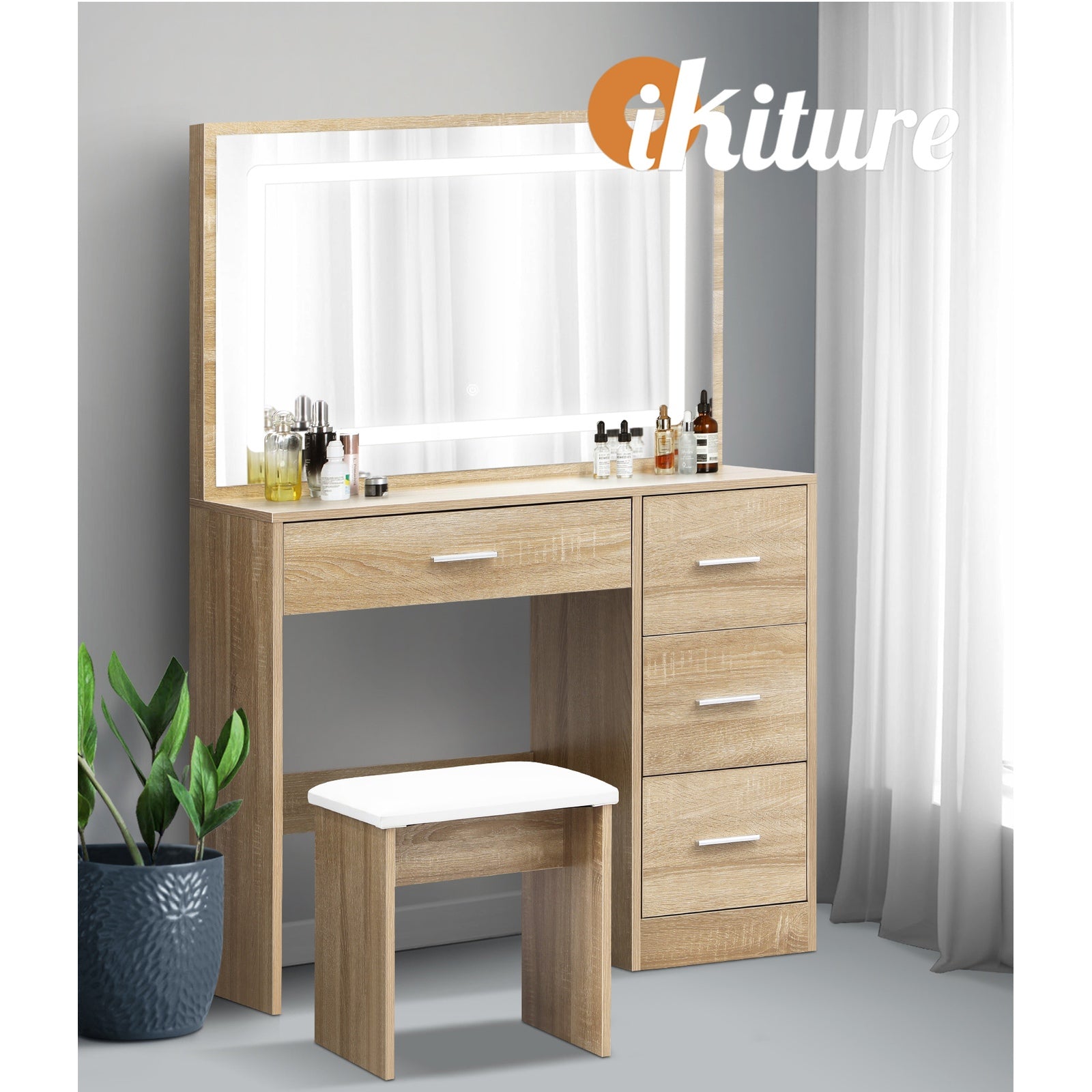 Oikiture Dressing Table Stool Set Large Makeup Mirror LED Light Vanity Natural - Sunyee