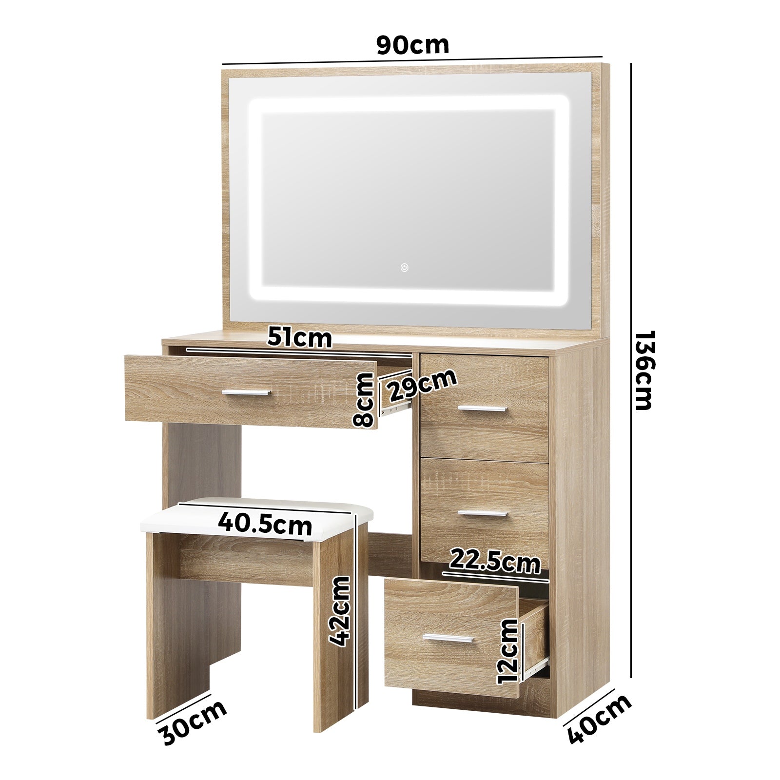 Oikiture Dressing Table Stool Set Large Makeup Mirror LED Light Vanity Natural - Sunyee